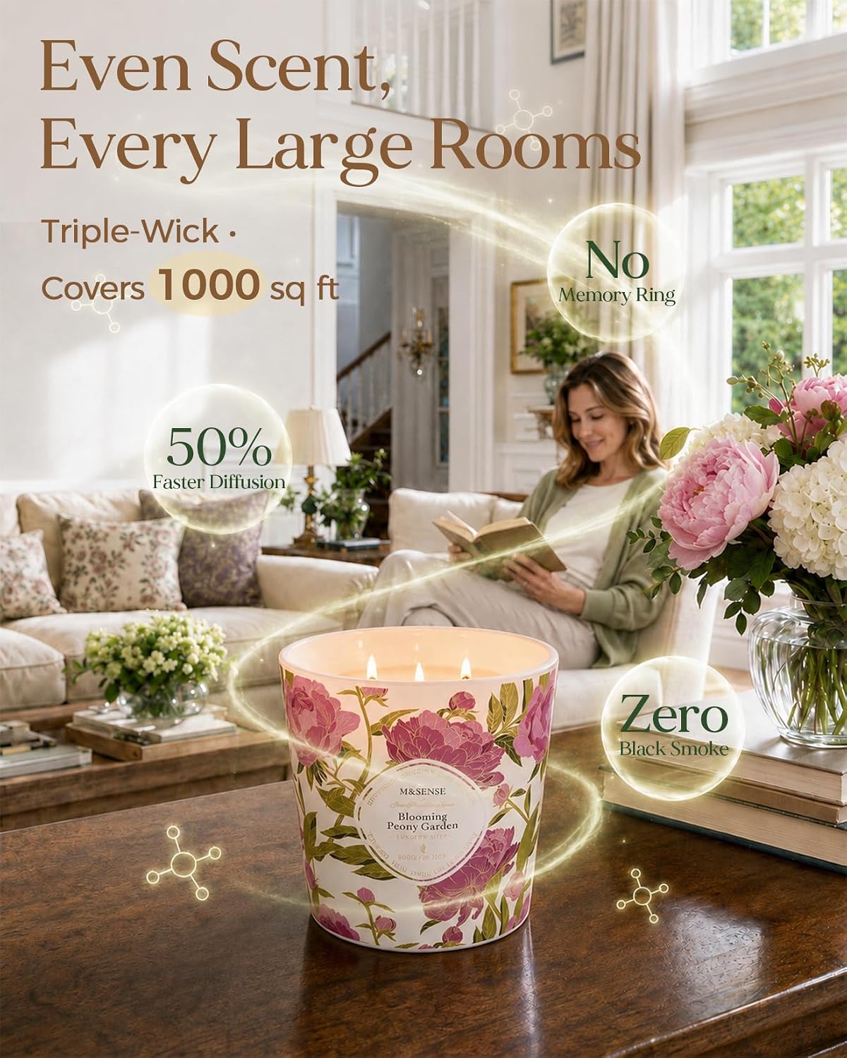 M&amp;SENSE Peony Garden Scented Candle, Large 28.2oz Natural Soy Wax