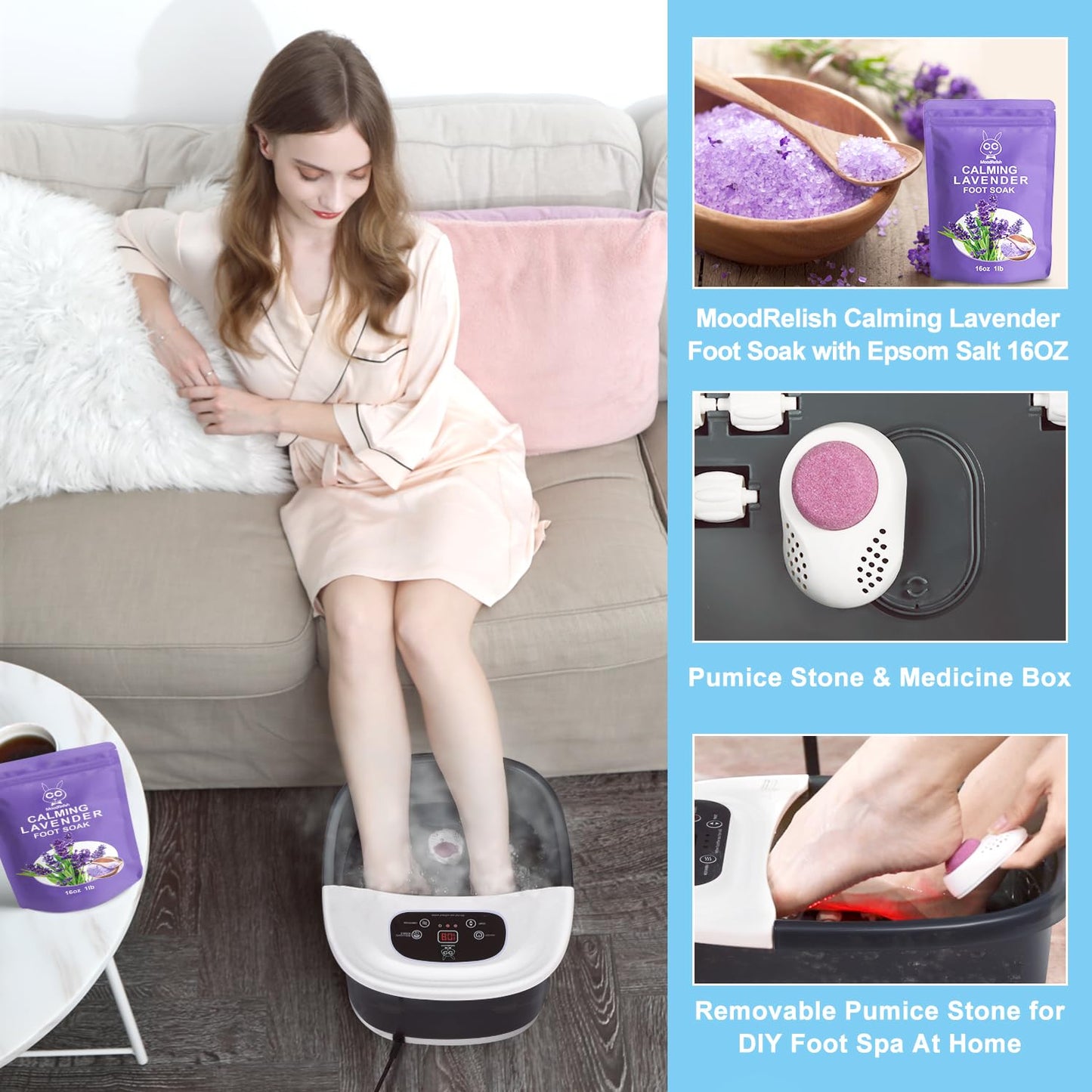 MoodRelish Foot Spa Bath Massager with Heat Bubbles and Vibration Massage and Jets, 16 OZ Calming Lavender Foot Soak Epsom Salt, Foot Soaker with Red Light, 22 Massage Rollers, Adjustable Temp - Grey