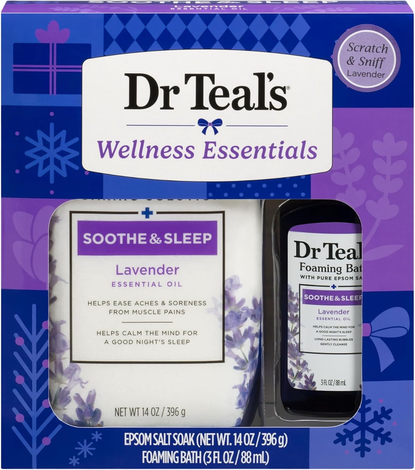 Dr Teal's Holiday Limited Edition Bath Gift Set | Epsom Salt Soak and Foaming Liquid, 14 oz Salt, 3 fl oz Bath (Lavender)
