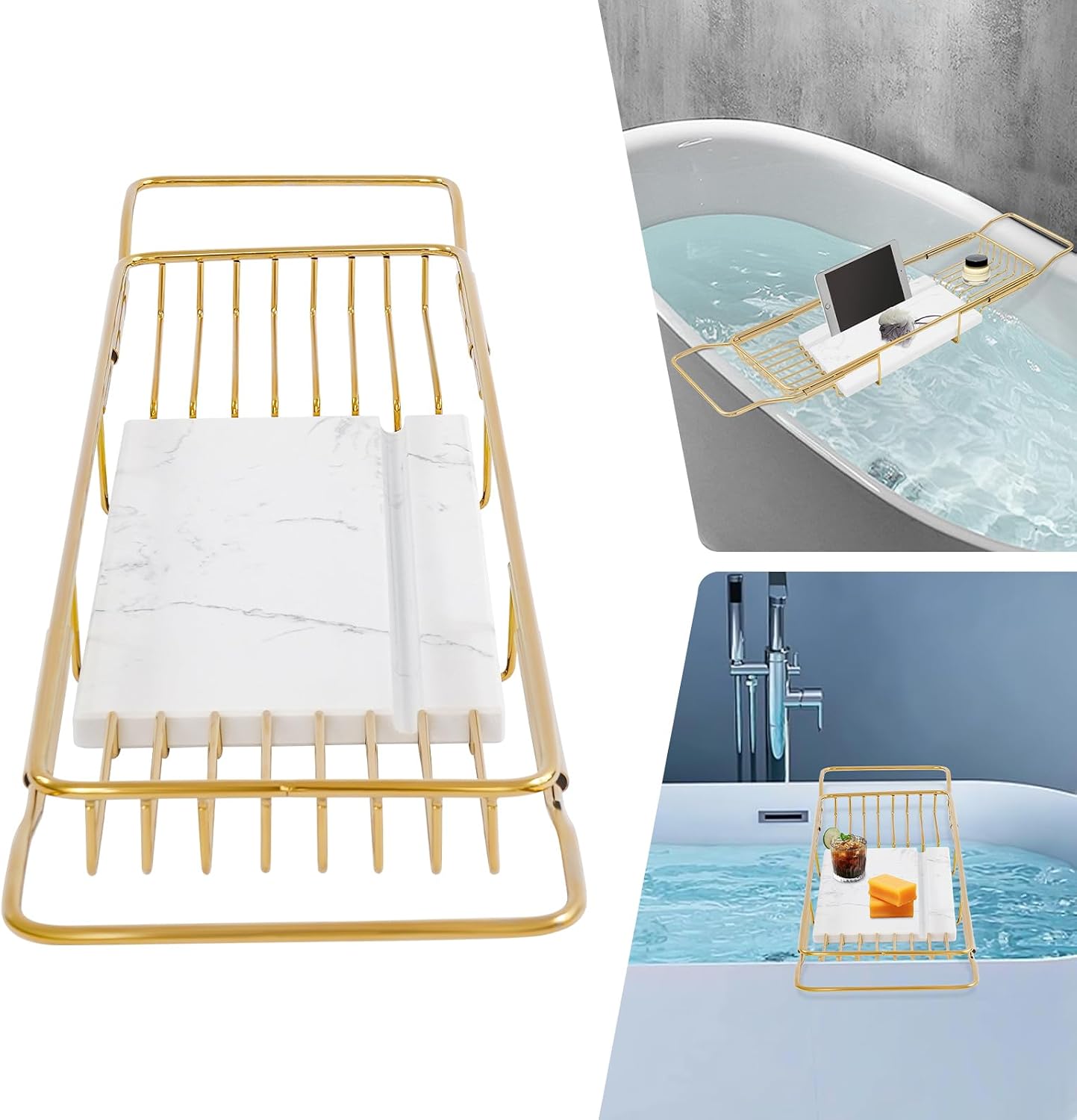 Expandable Bathtub Tray 26.8-35.4 Inches, Stainless Steel Bath Caddy with Marble Board, 44 lbs Capacity for Spa Bathroom Sink