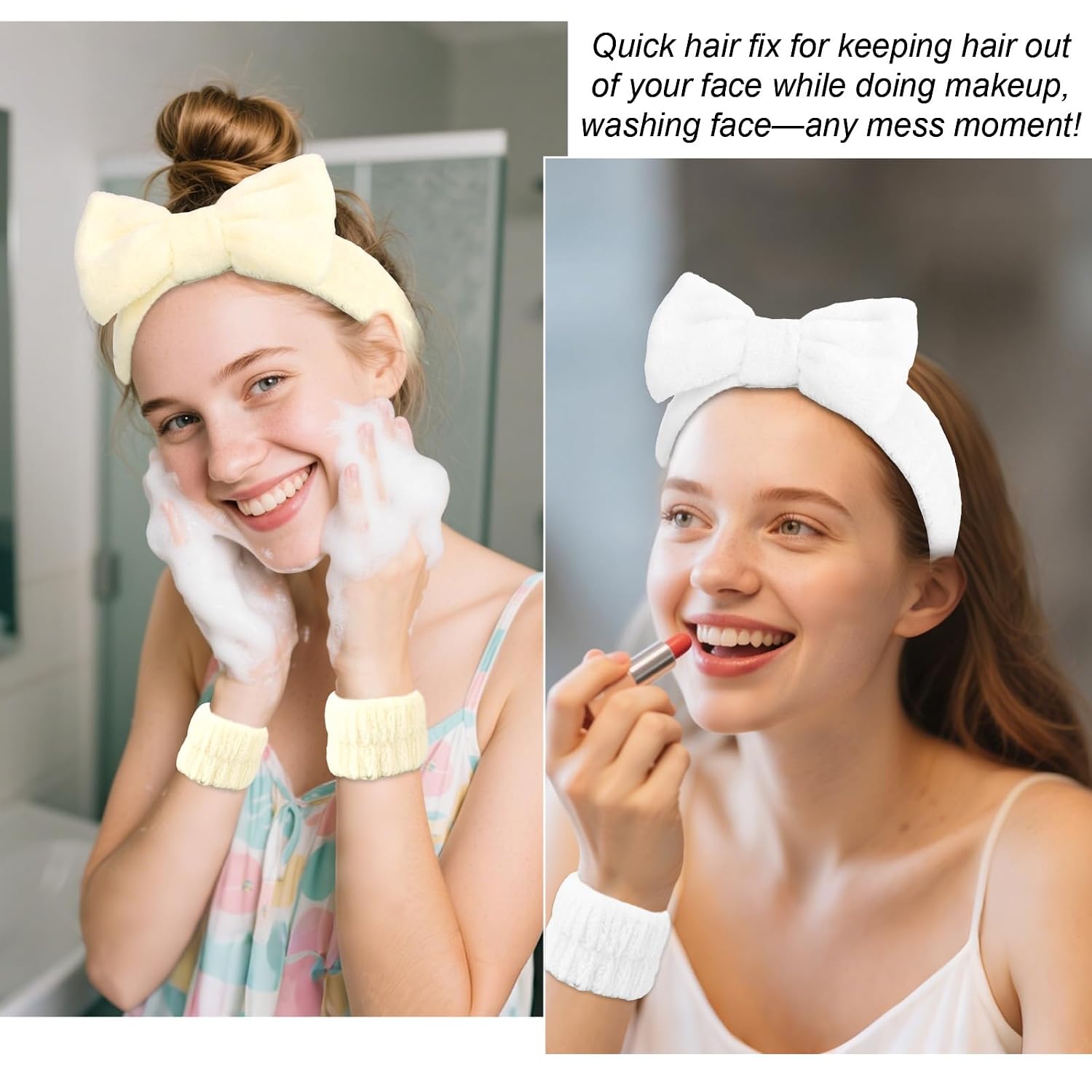 Wecoe 6 Pack Spa Headbands and Wristbands Set for Washing Face Makeup Skincare Cute Soft Bow Hairbands Wrist Towels Sleepover Party Supplies Gifts Christmas Stocking Stuffers for Women Girls