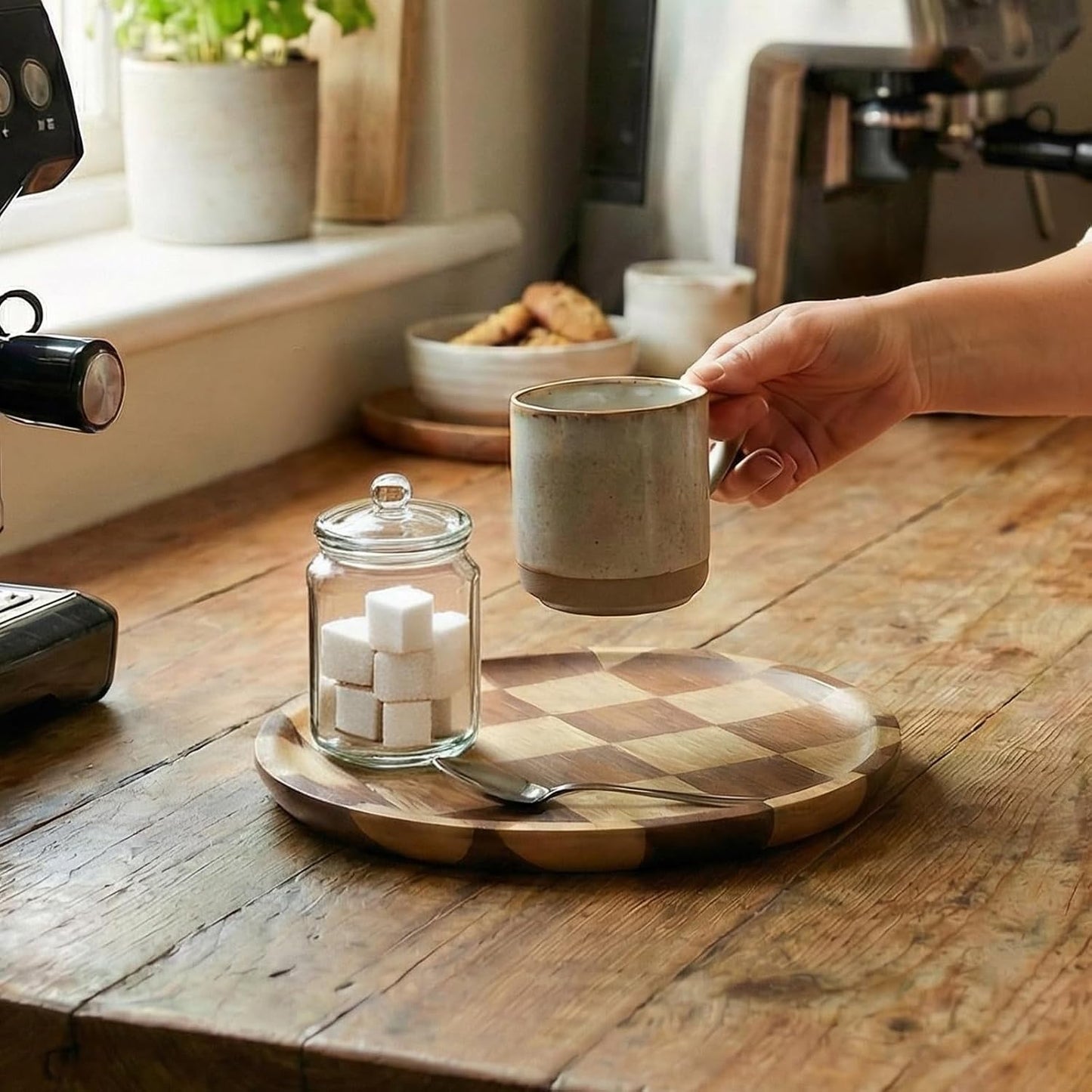 8 Inches Round Wooden Serving Trays Decorative Candle Plate Holder with Unique Checkered Design for Home Decor, Coffee Table, Dining Table, Kitchen Island