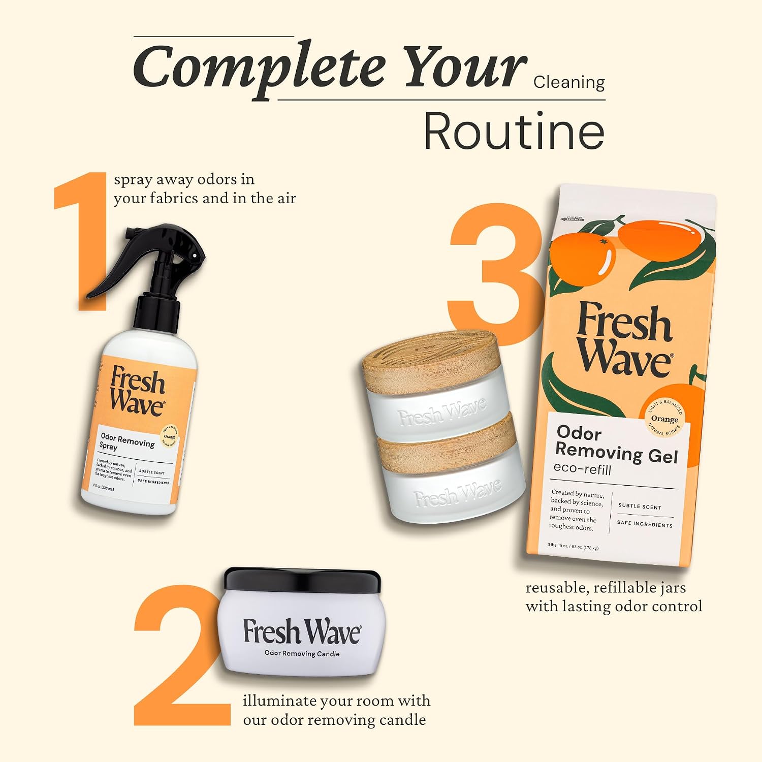Fresh Wave Odor Removing Gel Eco-Refill, 63 oz. Orange Scent | 2 Empty Refillable Glass Jars | 2 Room Set