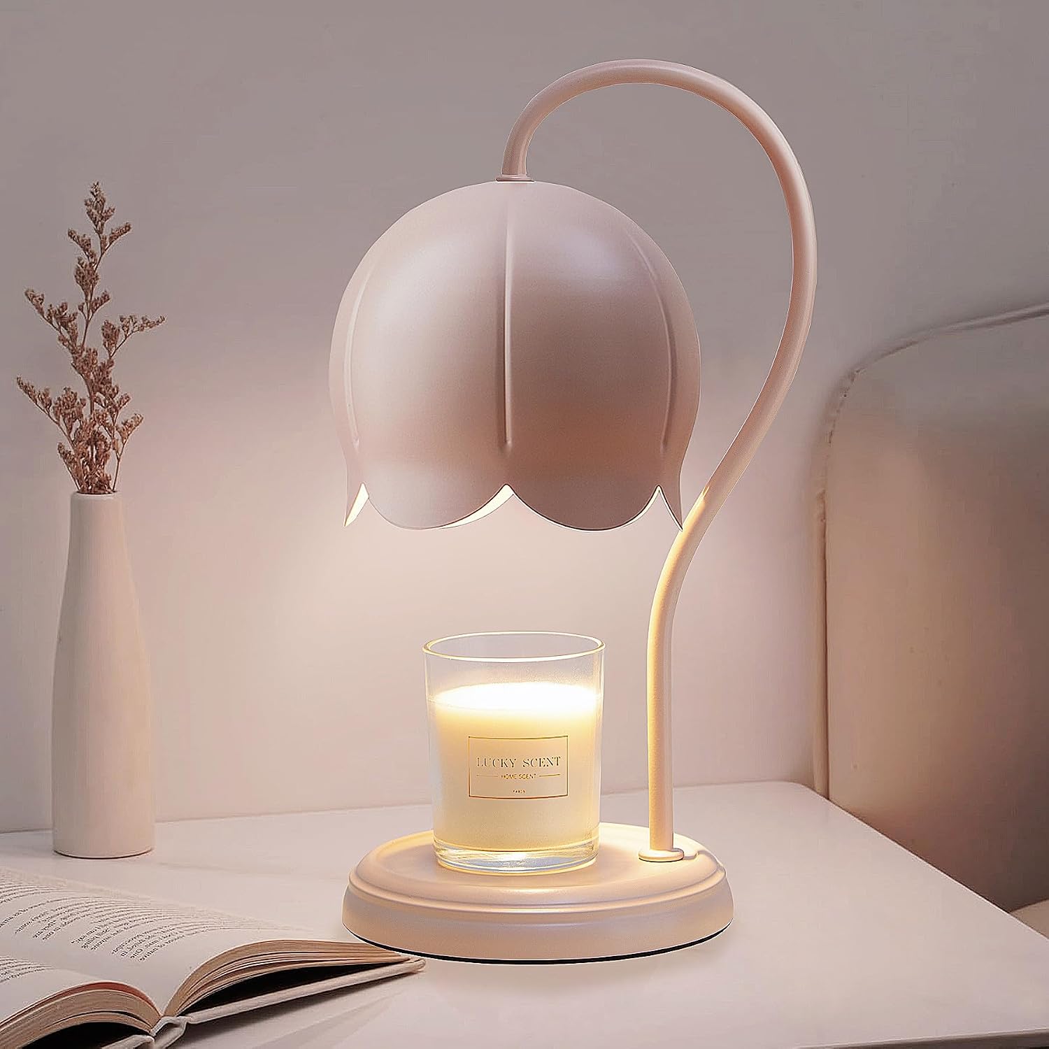 Cute Pink Flower Candle Warmer Lamp with Timer Dimmable, Bedroom House Office Aesthetic Living Girls Room New Home Decor, Christmas Birthday Gifts for Women Mom, Large Bedside Table Scented Wax Lamps