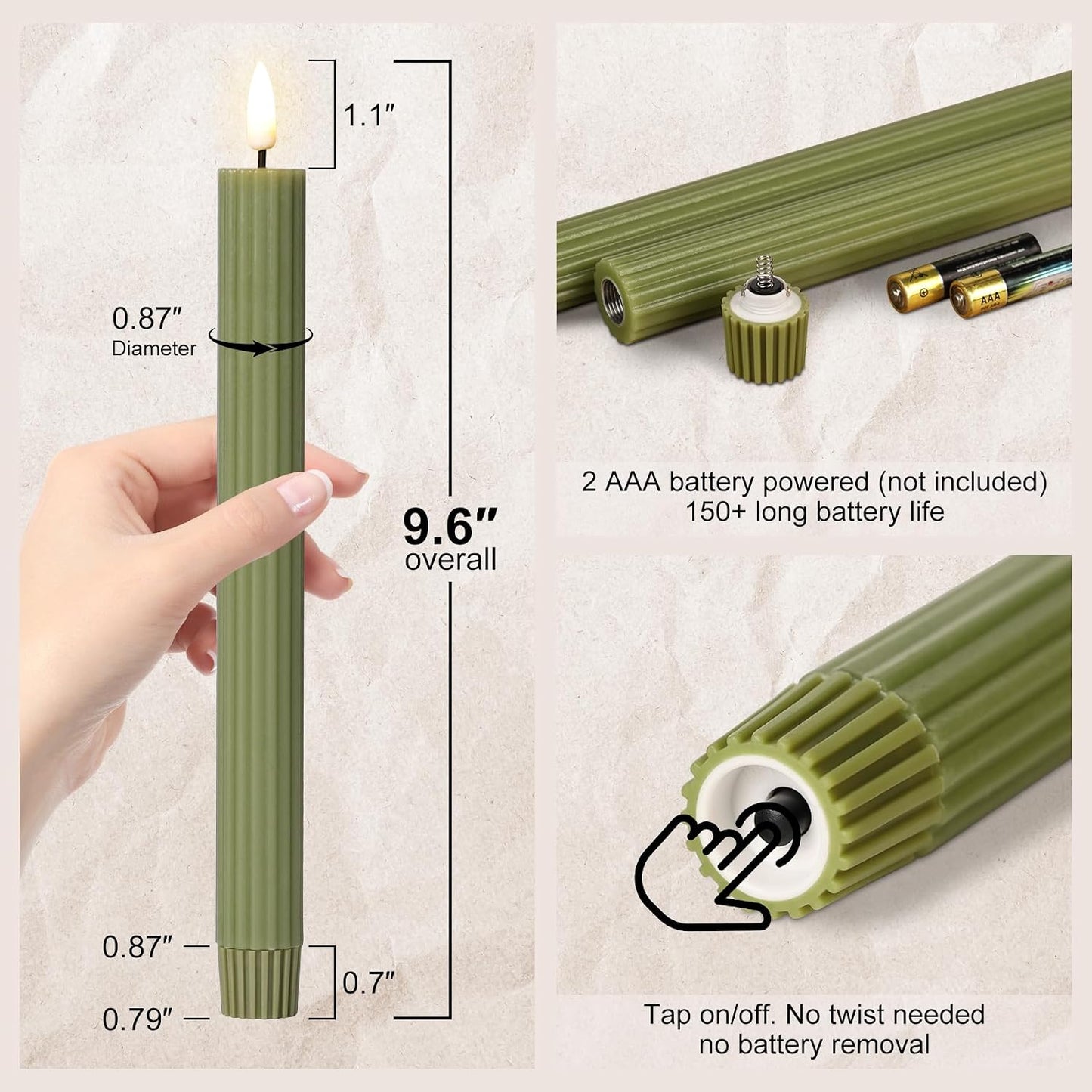Olive Green Ribbed Fluted Flameless Taper Candles with Remote, Flickering Battery LED Wax Candlesticks Wedding Home Decor Set of 4
