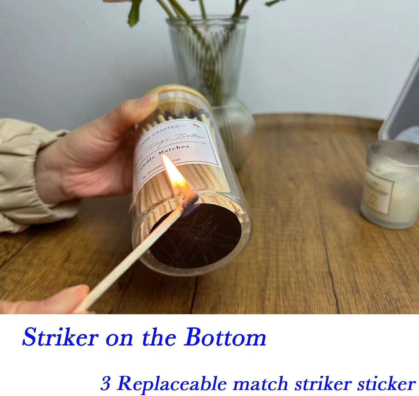 Black Matches Included (150Pcs), Glass Match Holder with Striker, Glass Match Cloche with Striker, Match Bottle with Candles Matches, 3'' Wooden Safety Matches for Candles BBQ Grill Fireplace