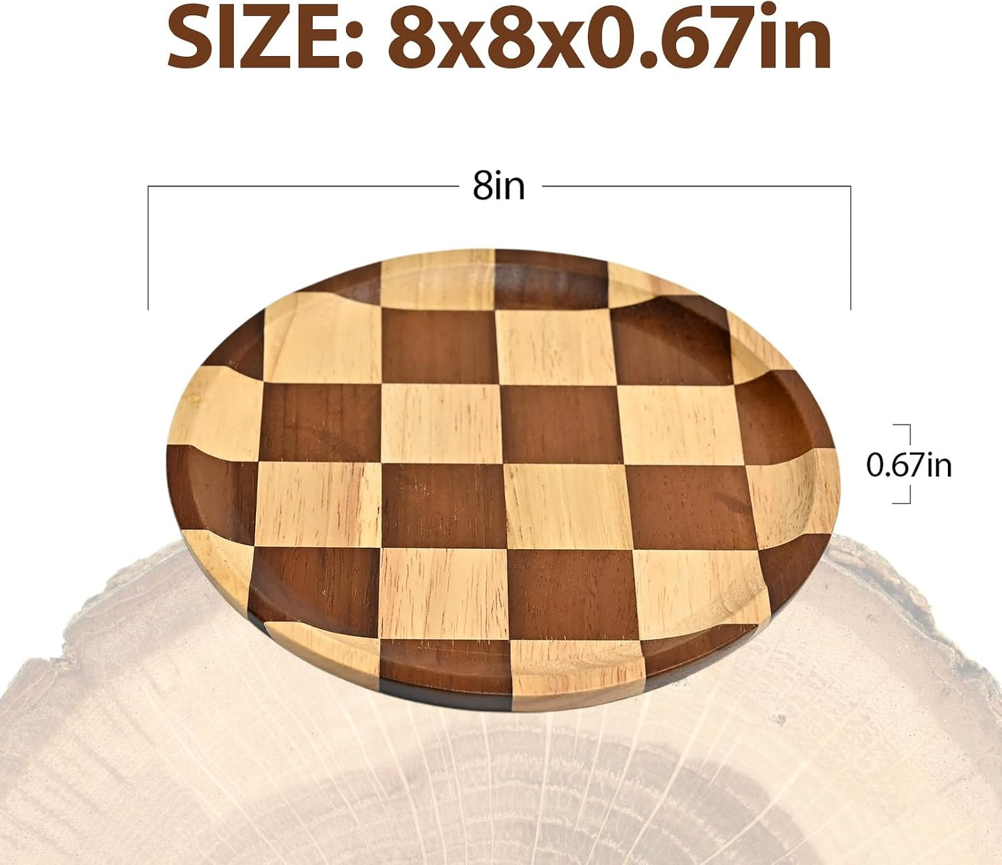8 Inches Round Wooden Serving Trays Decorative Candle Plate Holder with Unique Checkered Design for Home Decor, Coffee Table, Dining Table, Kitchen Island