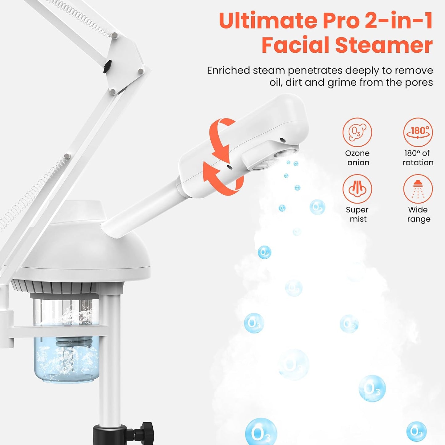 TASALON 2-in-1 Professional Facial Steamer with 5X Magnifying Lamp, Esthetician Steamer on Wheels with Ozone and Hot Mist, Standing Face Steam for Facial Deep Cleaning and Moisturize, SPA & Beauty