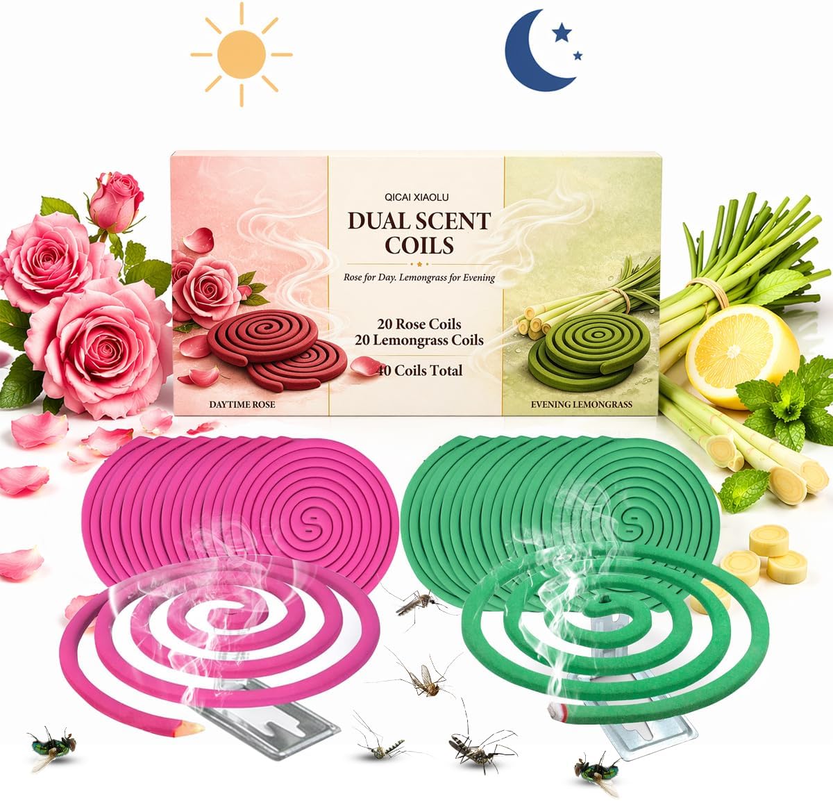 Dual Scent Incense Coil Set, Rose for Day & Lemongrass for Evening, Aromatherapy Incense for Relaxation, Meditation & Home Fragrance, Natural Scent for Indoor & Outdoor Use
