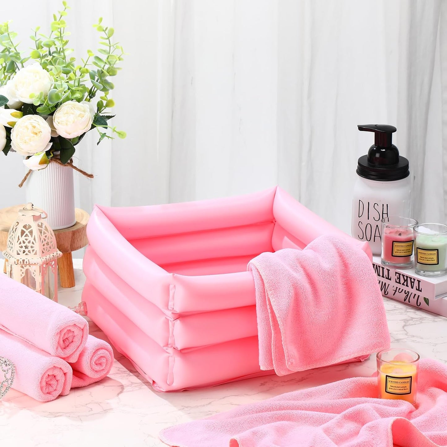 FillTouch 12 Pcs Foot Spa Kit for Girls Kids 12.5''x12.5''x8.3'' Foot Care Bath and 12''x28'' Hand Towels Washbasin Salon Towels Portable for Sleepover Spa Swim Birthday Party Supplies(Light Pink)