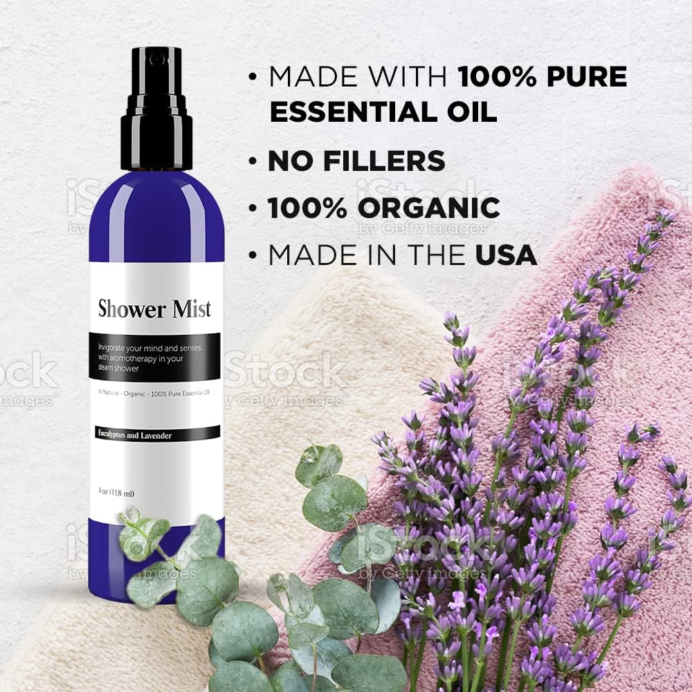 Eucalyptus and Lavender Daily Shower Spray – 4 fl oz | Naturally Made Essential Oil Shower Steamer for Sinus, Stress & Congestion Relief | Spa Mist, Aromatherapy, Room Scents - Enhances Mood (White)