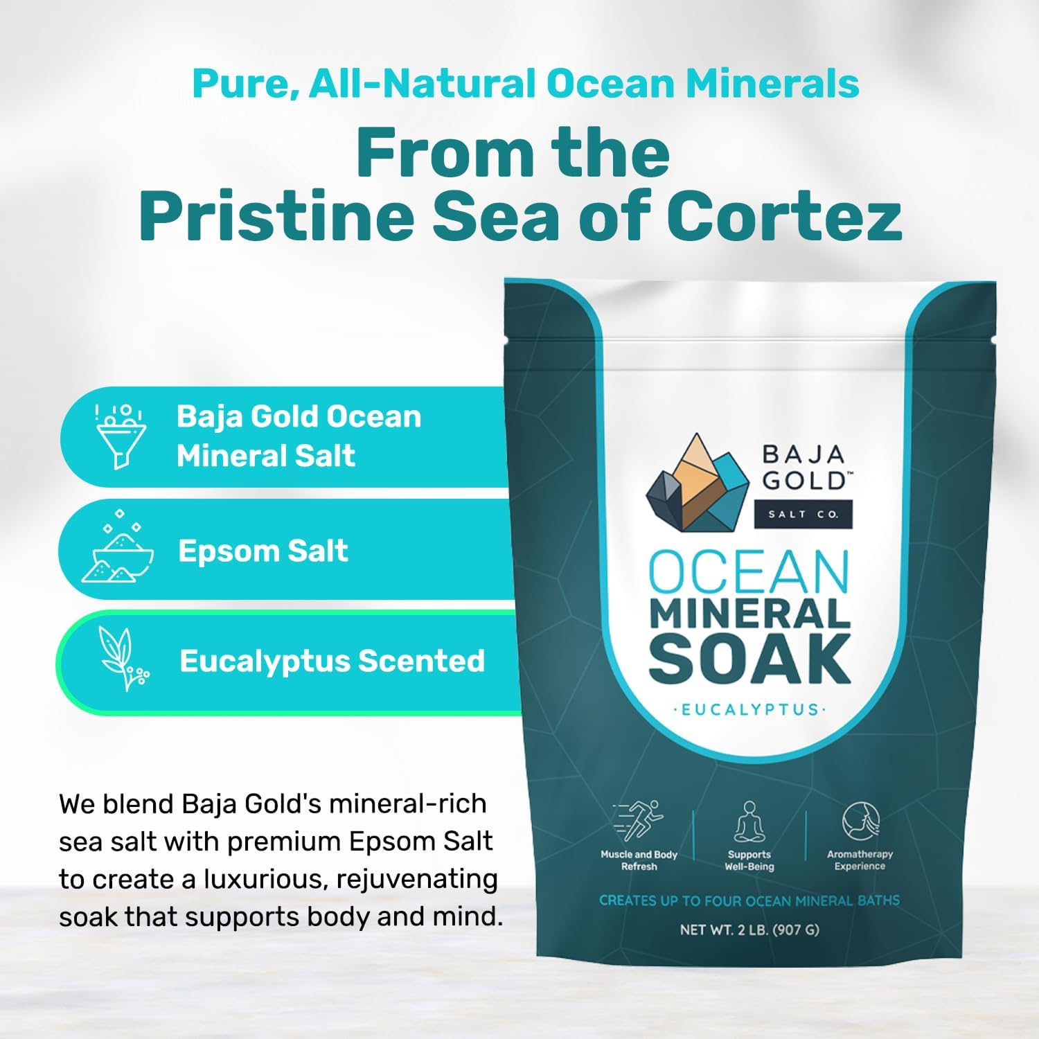 Baja Gold Ocean Mineral Soak – Natural Magnesium Bath Soak & Trace Elements | Relaxing, Clean Ingredient Soak for Bath, Muscles, Relaxation & Skin Care | Pure, Vegan, 2 Lb Resealable Bag, Eucalyptus