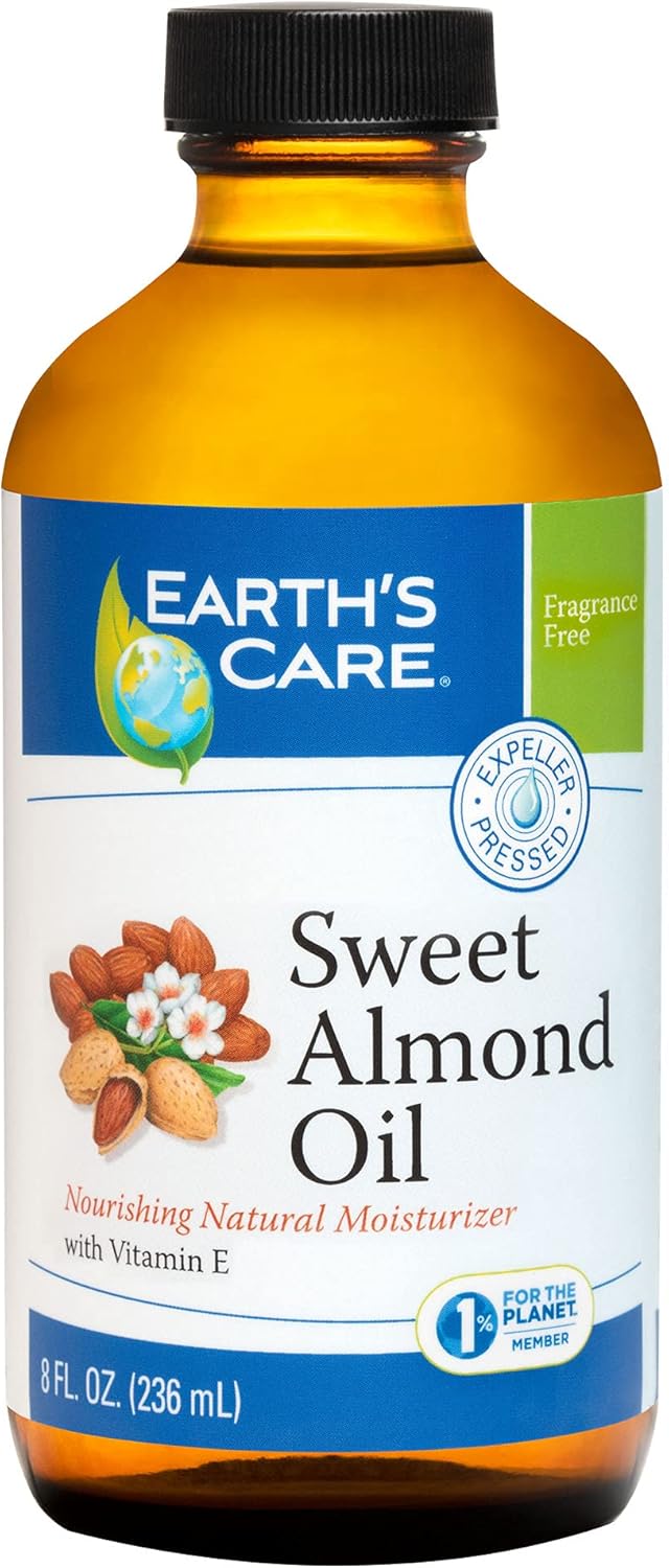 Earth’s Care Sweet Almond Oil - Expeller Pressed Almond Oil for Skin and Hair, Glass Bottle, Unscented, 8 FL. OZ.