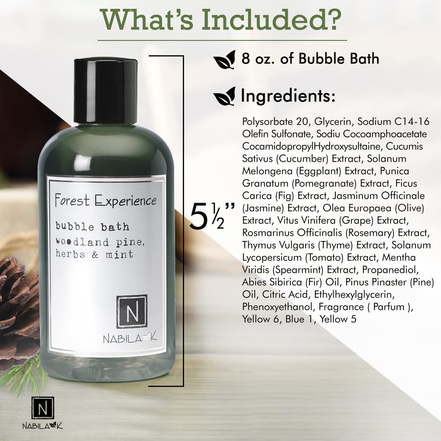 Nabila K Forest Experience Bubble Bath with Pine, Herbs & Mint | Natural & Organic, Sulfate-Free, Tear-Free | Luxury Aromatherapy Bath Soak for Sensitive Skin | for Women & Men, 8 oz