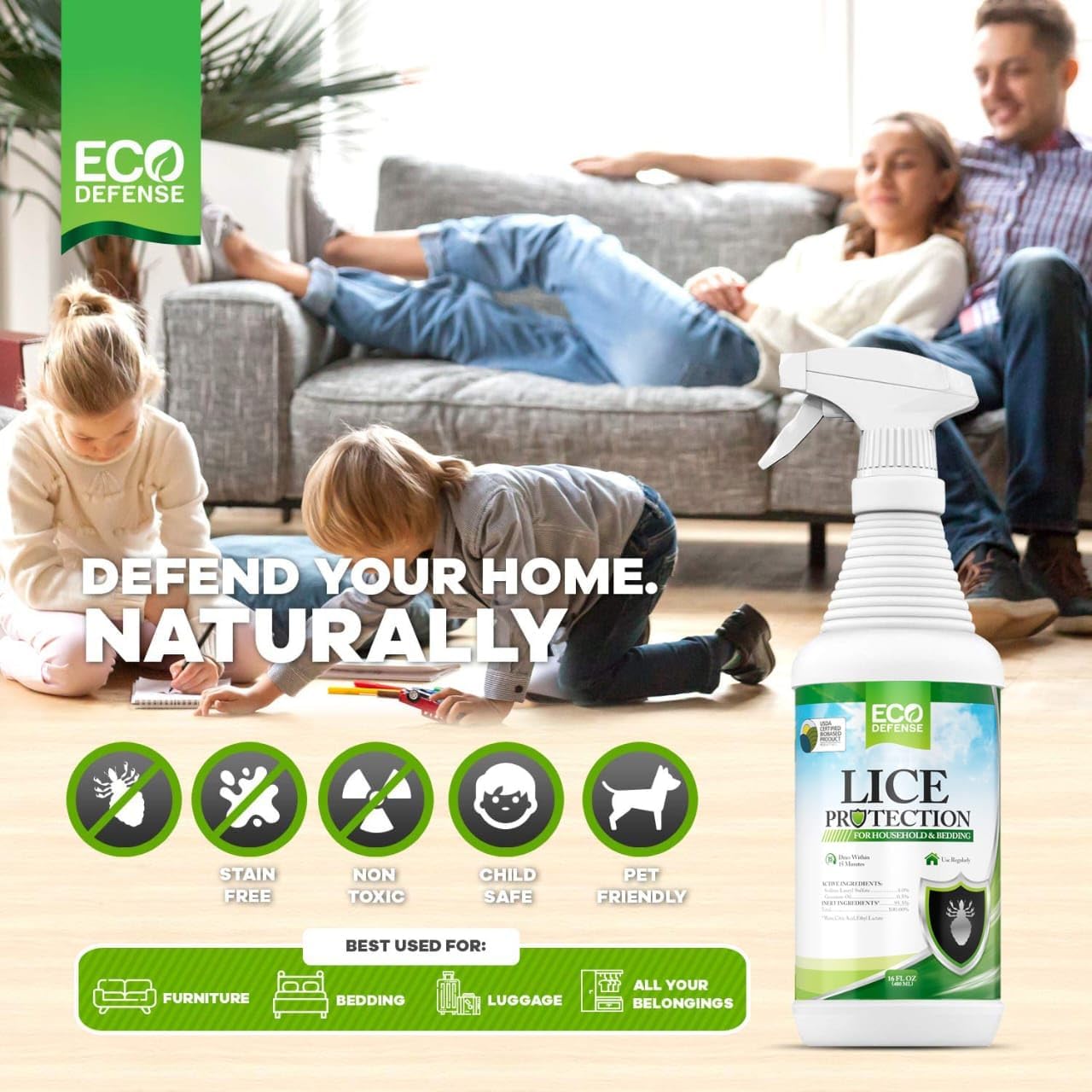 Eco Defense USDA Biobased Lice Spray for Furniture, Bedding, and Home - Natural Extra Strength Lice Treatment - Helps Keep Home Free of Lice