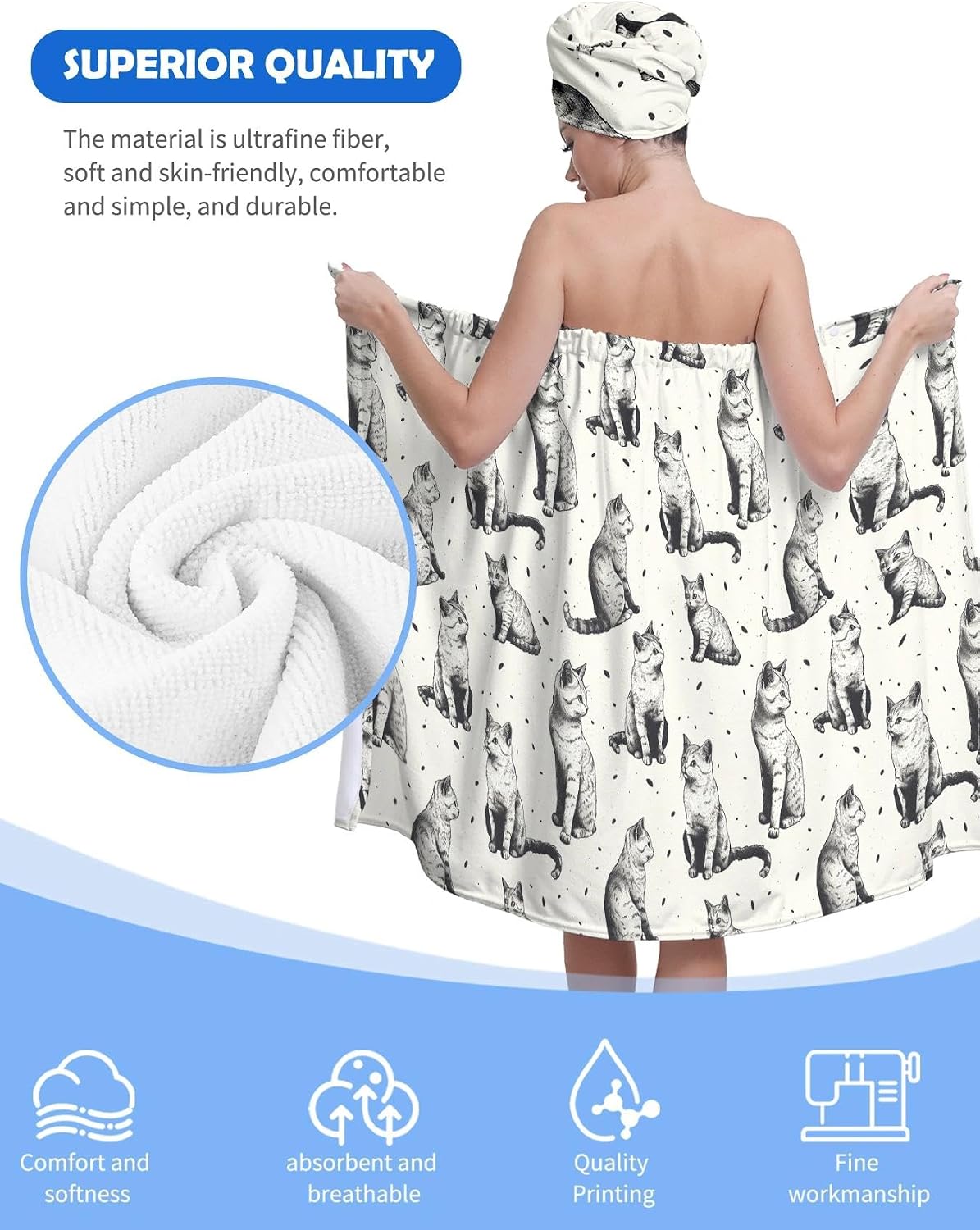 YWMAN Microfiber Bath Wrap Set with Hair Turban, Cat Pattern, 59x31 inches, Soft Spa Towel