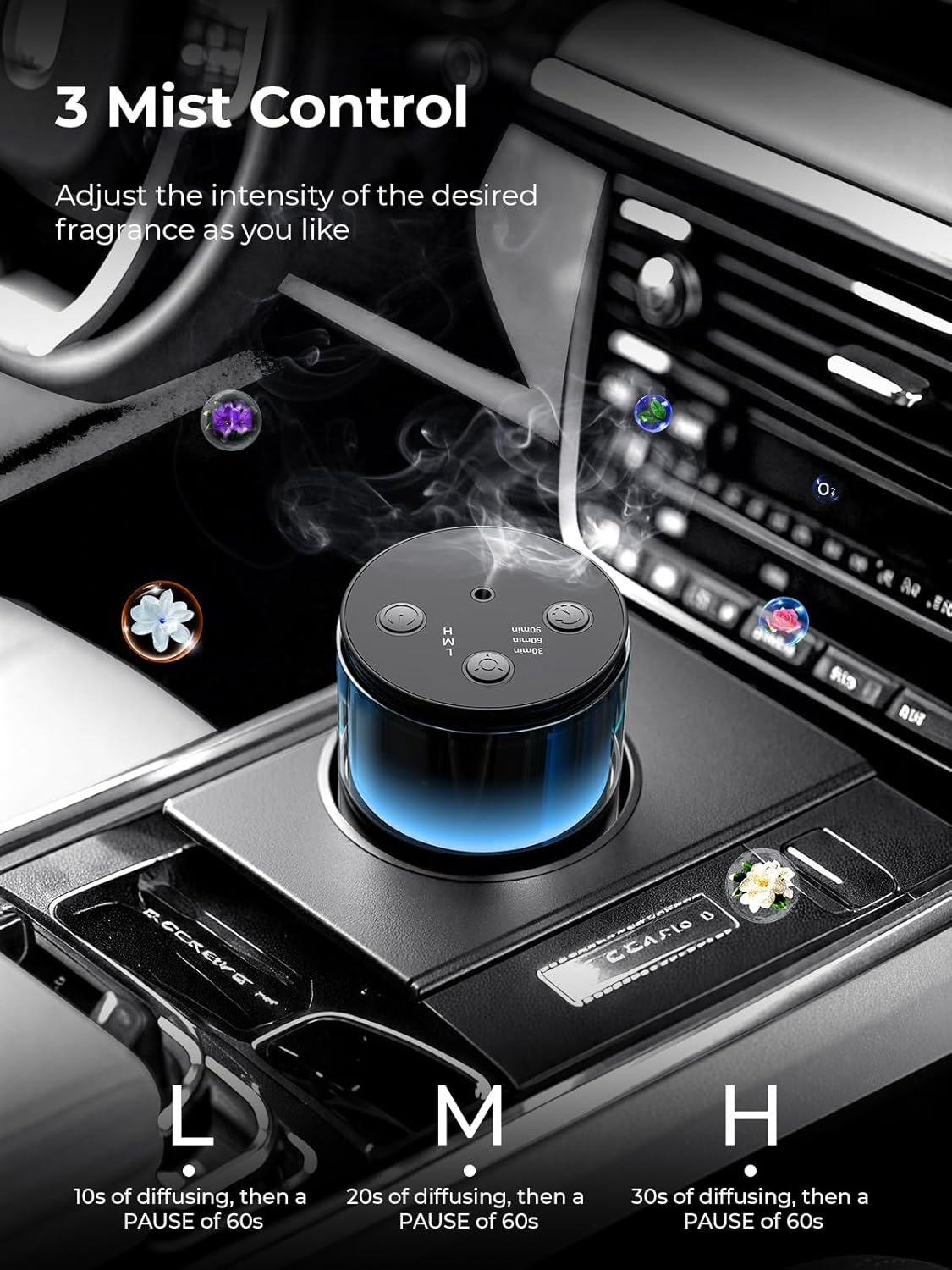 Waterless Essential Oil Diffuser: 𝟗 𝐂𝐨𝐥𝐨𝐫𝐬 𝐋𝐄𝐃 Scent Diffuser for Home&Car&Office - Portable Diffuser with 48H Battery, 4 Timers & 3 Mist Levels, Carbon Black