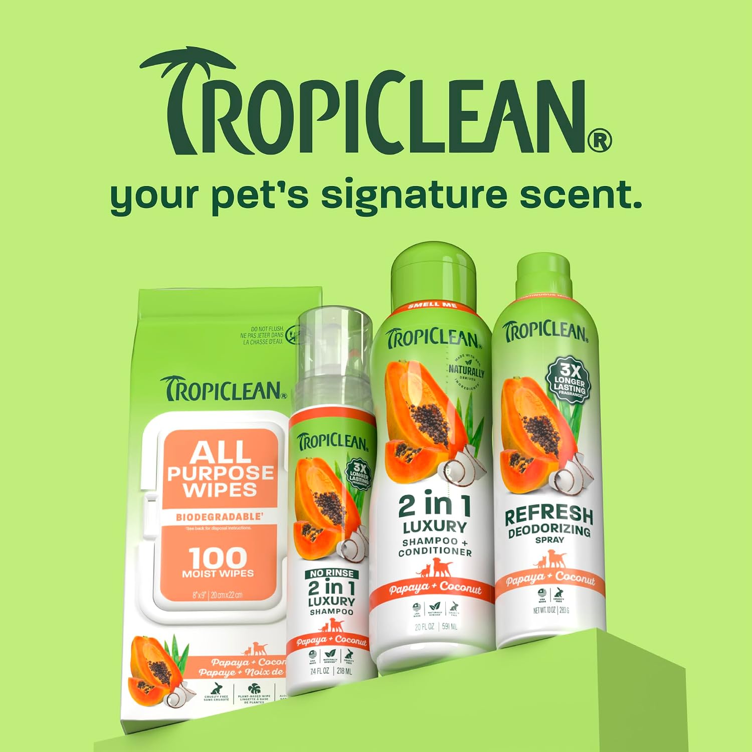 TropiClean Dog Perfume, Papaya Scented Dog Deodorizing Spray, 3X Long-Lasting Scent, After Bath Cologne & Detangling Spray with Vitamin E, 10oz.