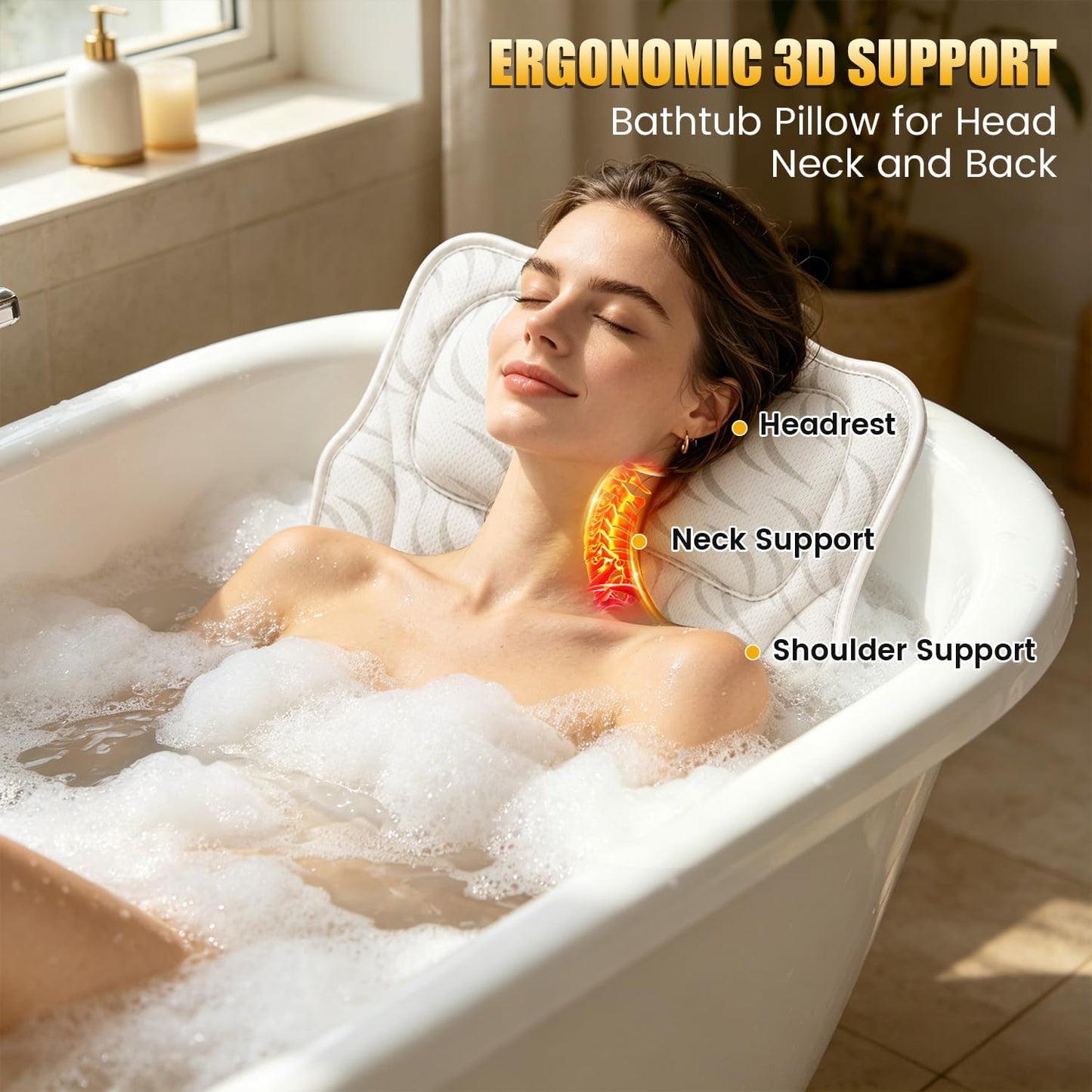 Bath Pillow for Tub, Ergonomic Neck Support Spa Bath Cushion | 4D Hollow Air Mesh,Quick-Dry & Breathable,ergonomic head neck support,6 heavy-duty suction cups for home spa tub soak