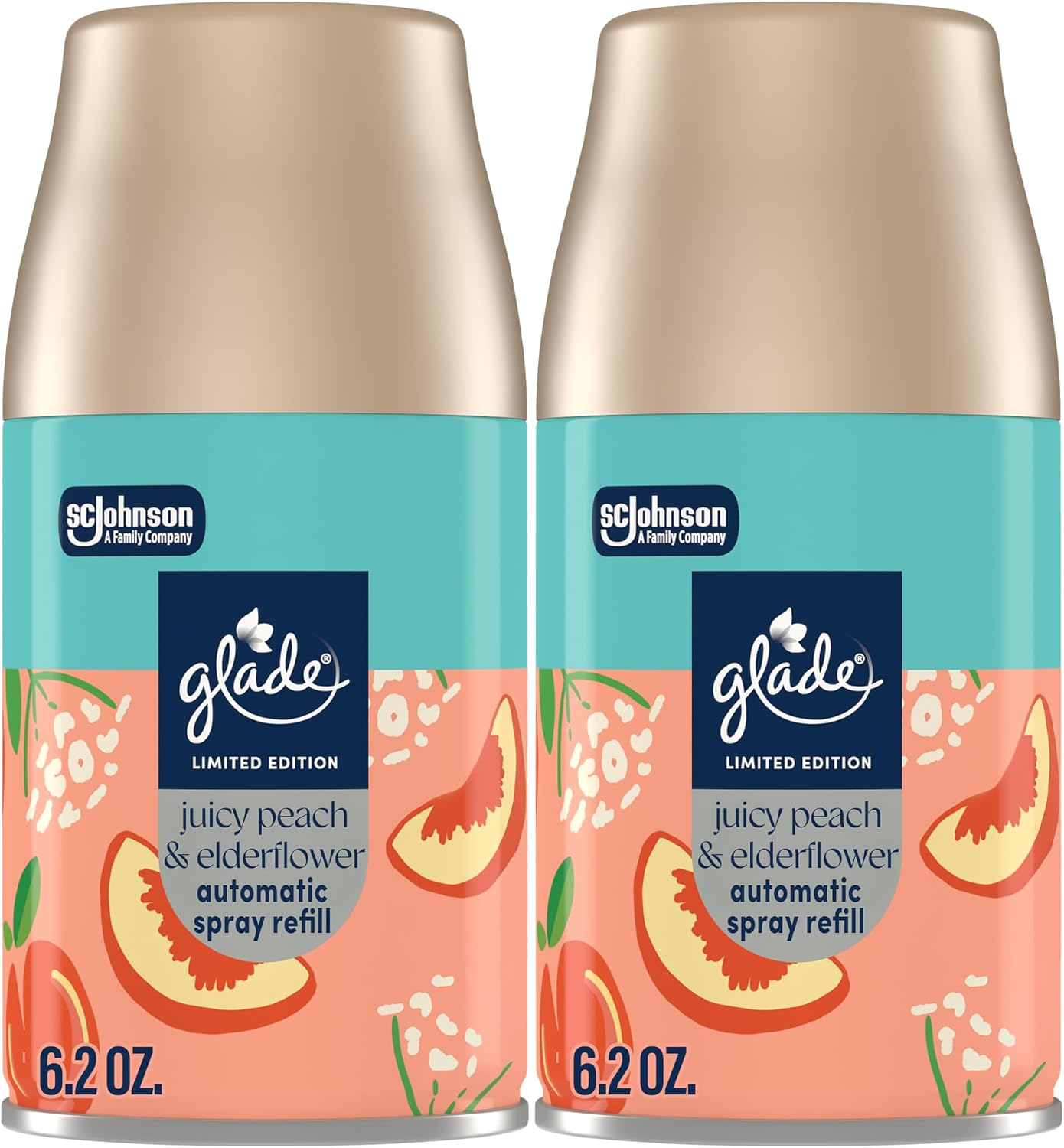 Glade Automatic Spray Refill, Juicy Peach & Elderflower, Scented Air Freshener for Home and Bathroom, 6.2 Oz, 2 Count