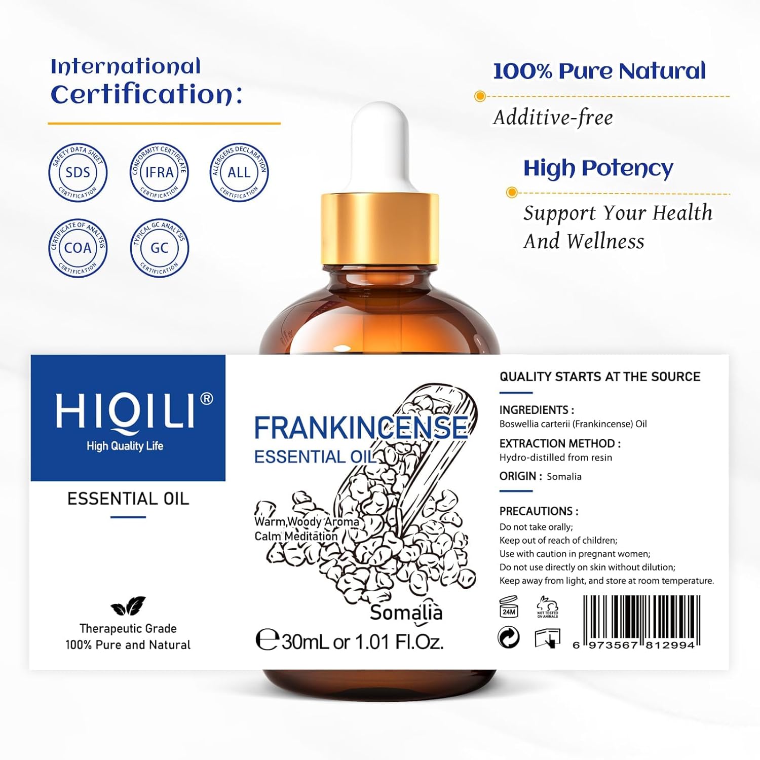 HIQILI 30ML Frankincense Essential Oil, Relaxing, Skin Care, Camp Atmosphere Creation, Can be Added to Body Lotions, Creams, Aromatherapy Use - 1.01 Fl Oz