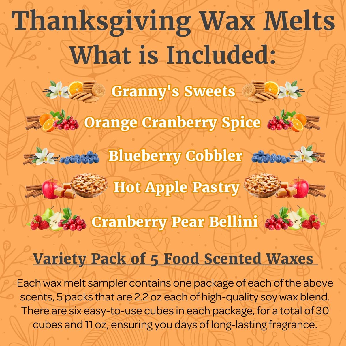 Fall Wax Melts Wax Cubes 5 Pack - Orange Cranberry Blueberry Apple Wax Melts Fall Scents, Soy Blend Fall Scented Wax Melts, Cookie Food Wax Melts (30 Cubes, 11 oz, Thanksgiving Wax Melts Variety Pack)