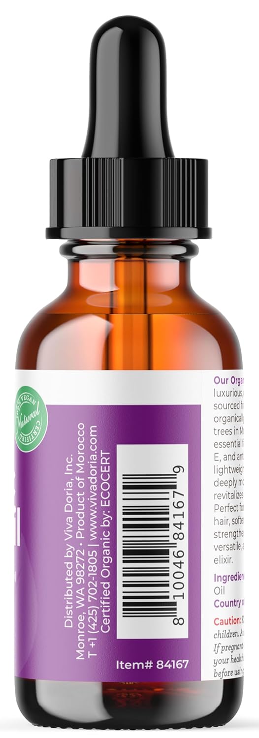 Viva Doria Organic Argan Oil, 1 Fl Oz, Pure Cold Pressed Natural Beauty Oil for Face, Hair, Body, Unscented