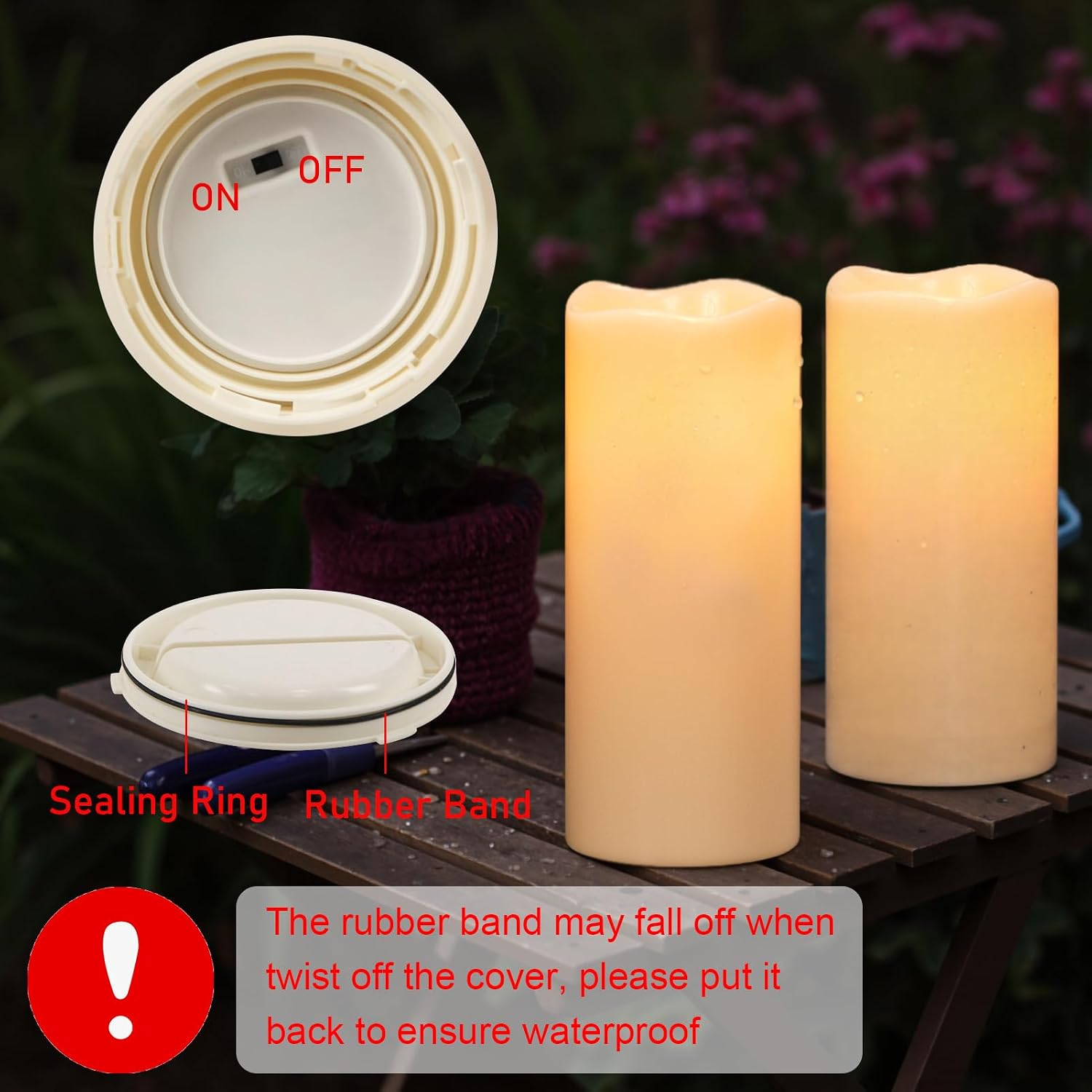Large Solar Flameless Candles Outdoor Waterproof Dusk to Dawn Solar Rechargeable Battery LED Flickering Pillar Candles for Patio Porch Garden Lantern Decor(2 Pack, 4" D x 8", 10" H)