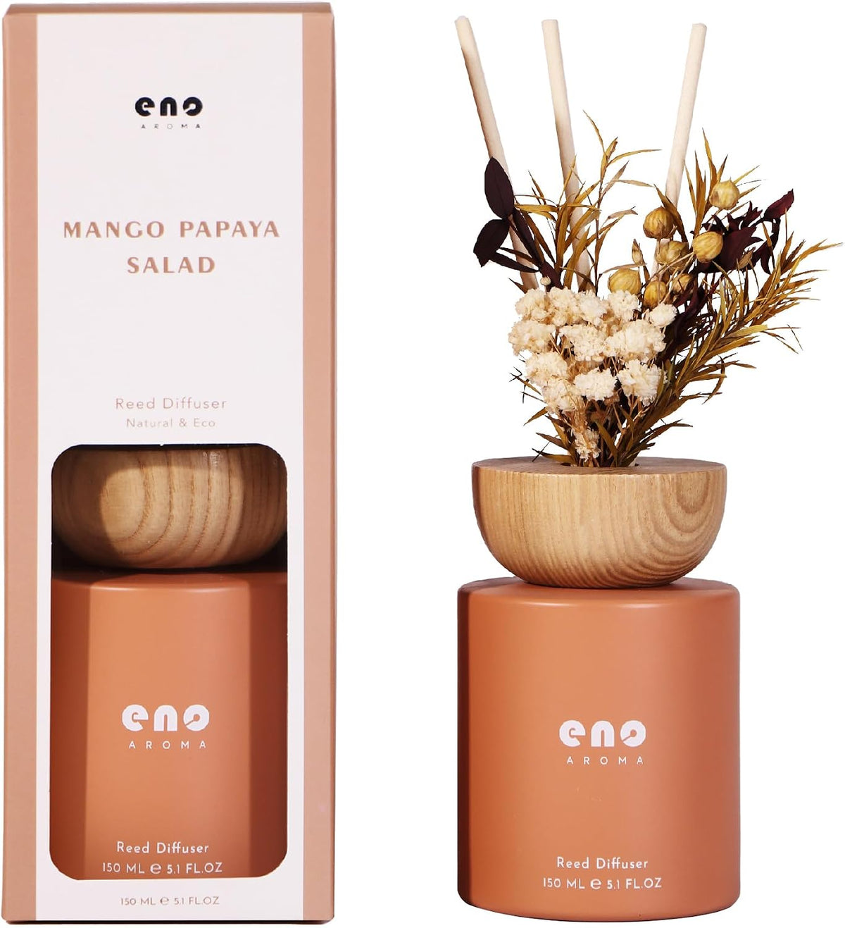Reed Diffuser Set with Dried Flowers, 5.1 fl oz / 150ml, Mango Papaya Salad - Home Fragrance Diffuser with Sticks for Bathroom Shelf Decor, Bedroom, Office &amp; Gift