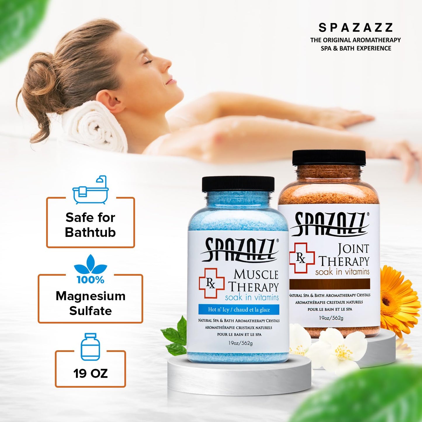 Spazazz Aromatherapy Spa and Bath Salts Crystals RX Therapy Collection 2 Pack Bundle- One 19 Oz Jar Each Spazazz Muscle Therapy and Joint Therapy- Dead Sea Bath Salt Crystals