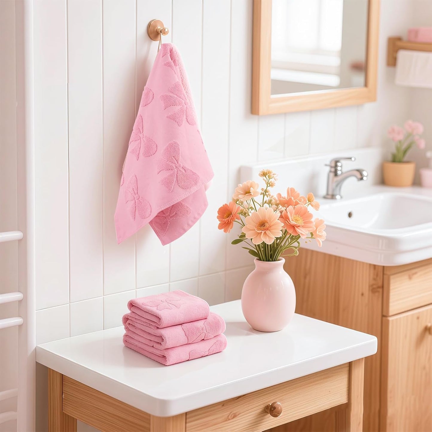 NZNDB 4 Pack Cotton Towel Set, Contains 2 Hand Towels 14x30in & 2 Wash Coths 14x14in, Pink Soft Bathroom Bow Towel Set, Highly Absorbent & Lightweight, Preppy Bath Decor Wedding Gift