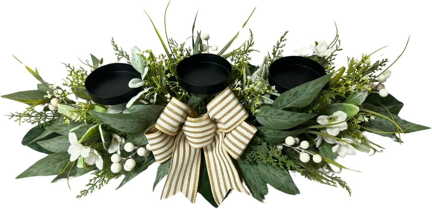 Svndlyn 26 Inch 3 Candle Holder Centerpiece with Greenery and Striped Bow | Faux Greenery, White Flowers, Berries and Eucalyptus Leaves for Table Mantel and Holiday Decor