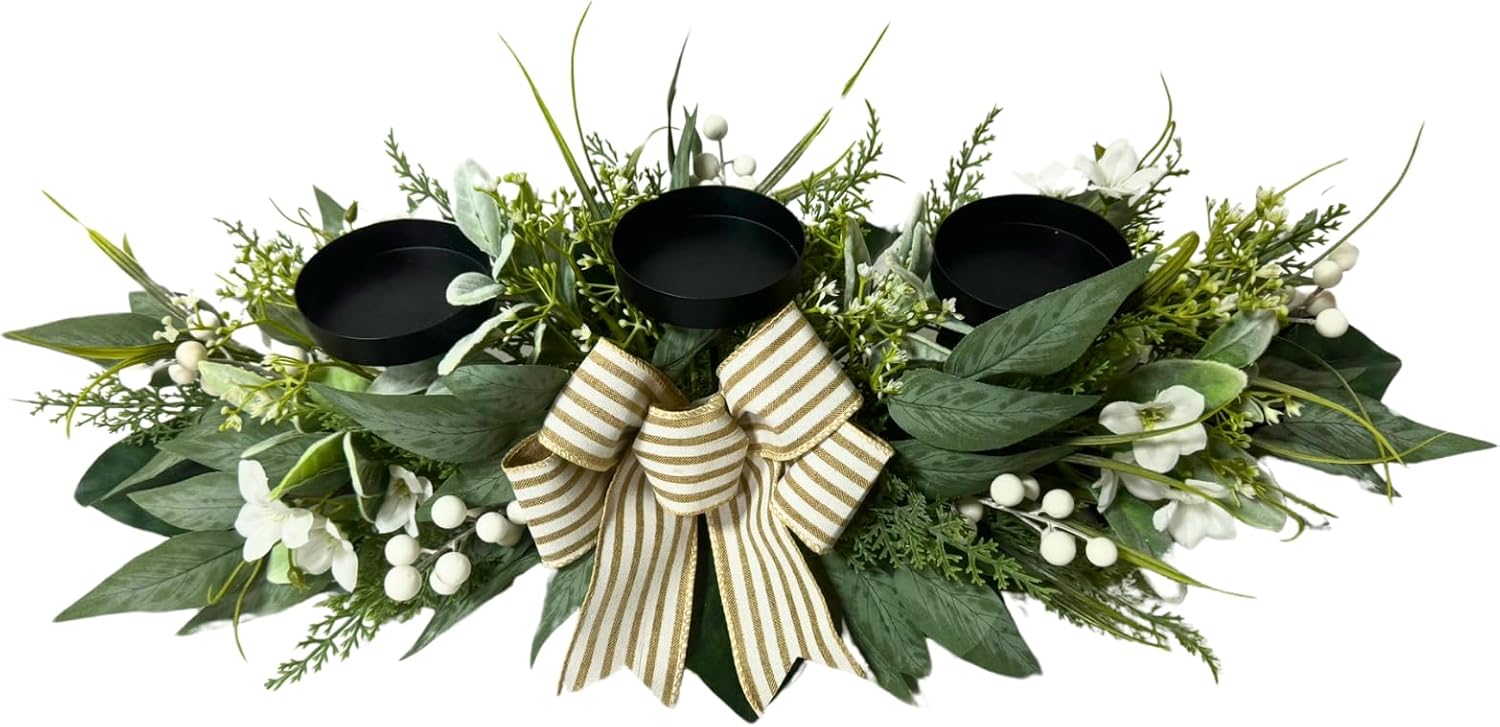 Svndlyn 26 Inch 3 Candle Holder Centerpiece with Greenery and Striped Bow | Faux Greenery, White Flowers, Berries and Eucalyptus Leaves for Table Mantel and Holiday Decor