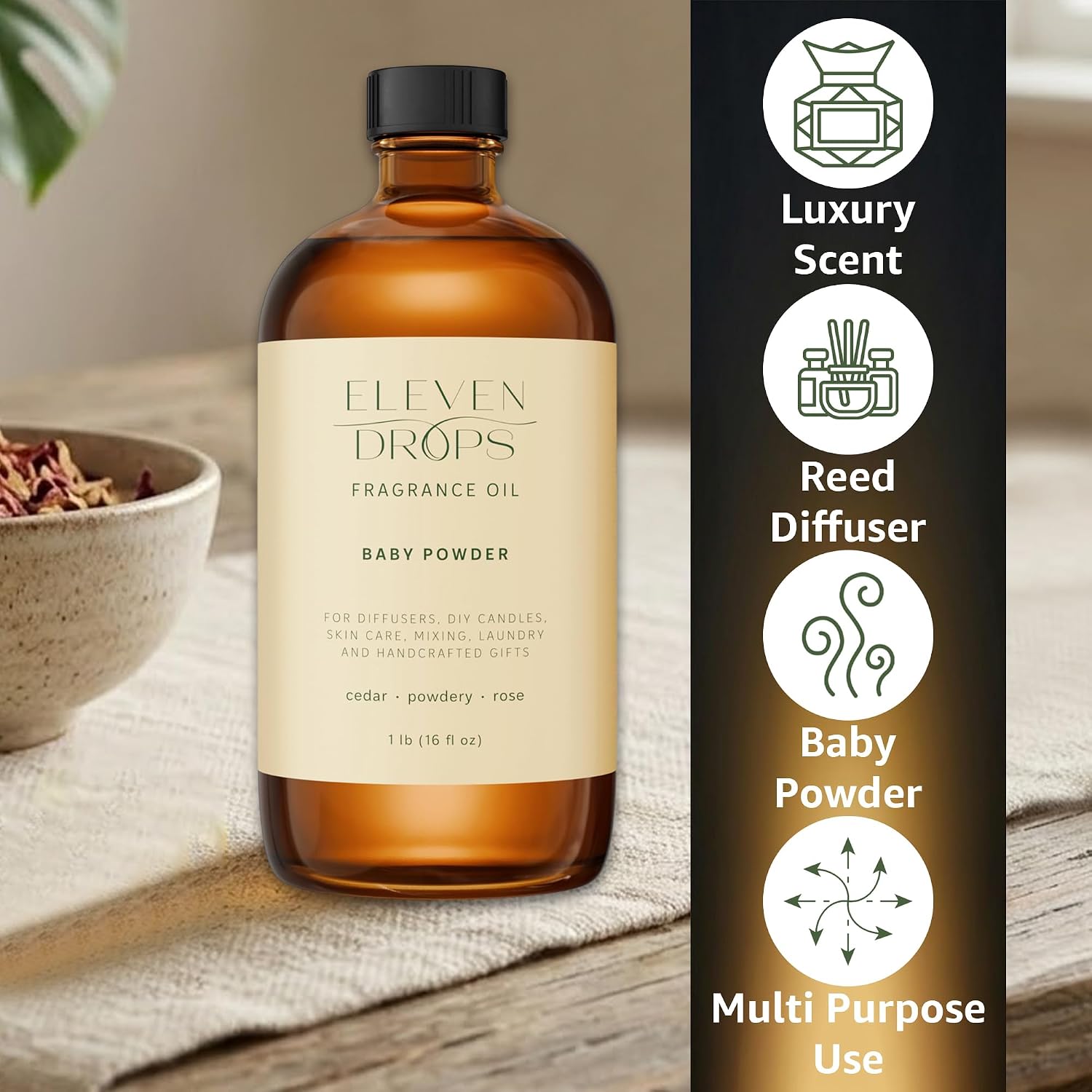 Baby Powder Fragrance Oil | Cedar, Powdery & Rose Notes | Long Lasting Scent Reed Diffuser Oil for Home, Office, Hotel, Spa, Car & Linen Spray | Pet Friendly IFRA Compliant, 16 oz