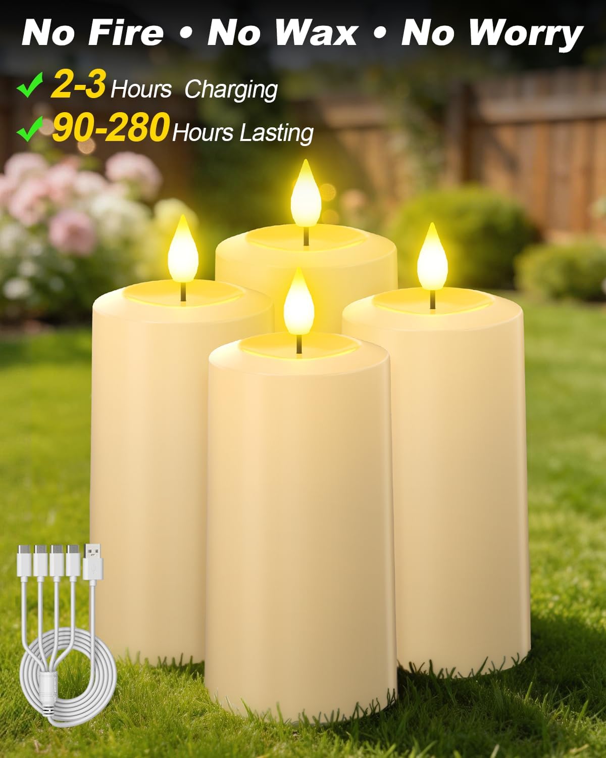 SoulBay Flameless LED Candles, 4-Pack USB Rechargeable, Flickering Waterproof White Pillar Candles with Remote Control Timer for Outdoor Lantern Patio Yard Indoor Holiday Decor, 2.75 x 5.1 Inches