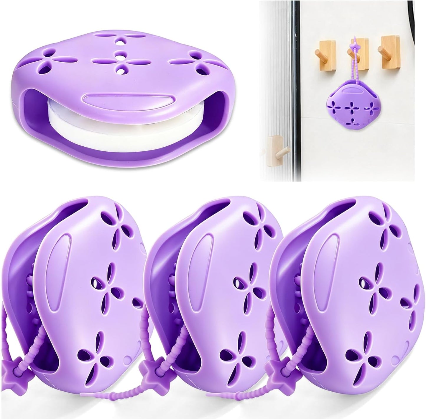 3 Pack Shower Steamer Holder with Suction Cups, Adjustable Lanyard Silicone Bathroom Accessory, Non-Slip Aromatherapy Diffuser Container for Shower Tablets, White and Blue
