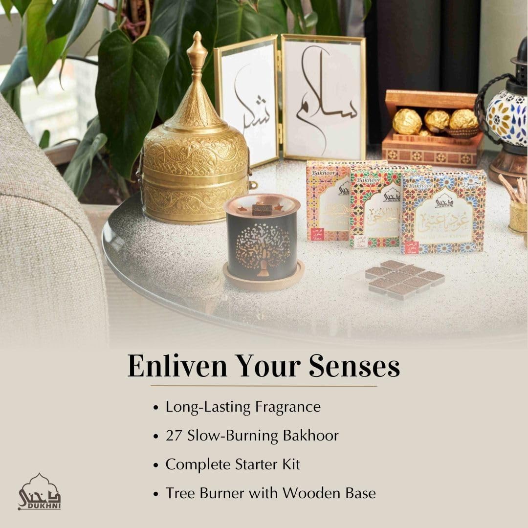 Oud Ya Aini, Oud Al Khaleeji, Oud Al Ibtisam Bakhoor Set by Dukhni | 3 x 9 Piece Each & Tree Bakhoor Burner | Arabic Bakhoor Incense | Great Gift & Decor for Ramadan Eid Hampers