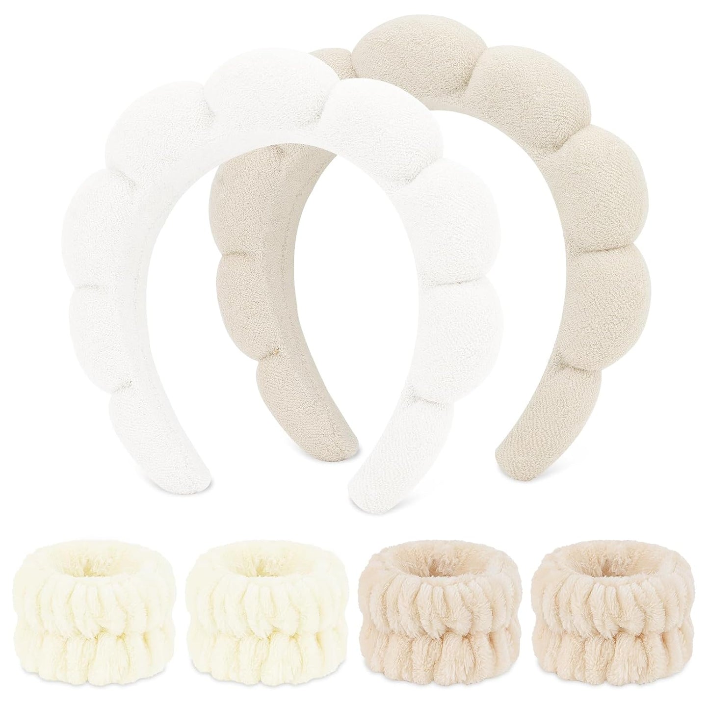 WHAVEL 6PCS Terry Cloth Spa Headband and Wristband Set, Makeup Puffy Sponge Face Wash Headband Hair Band Wrist Towels for Washing Face Women Girls (Beige, Light Coffee)