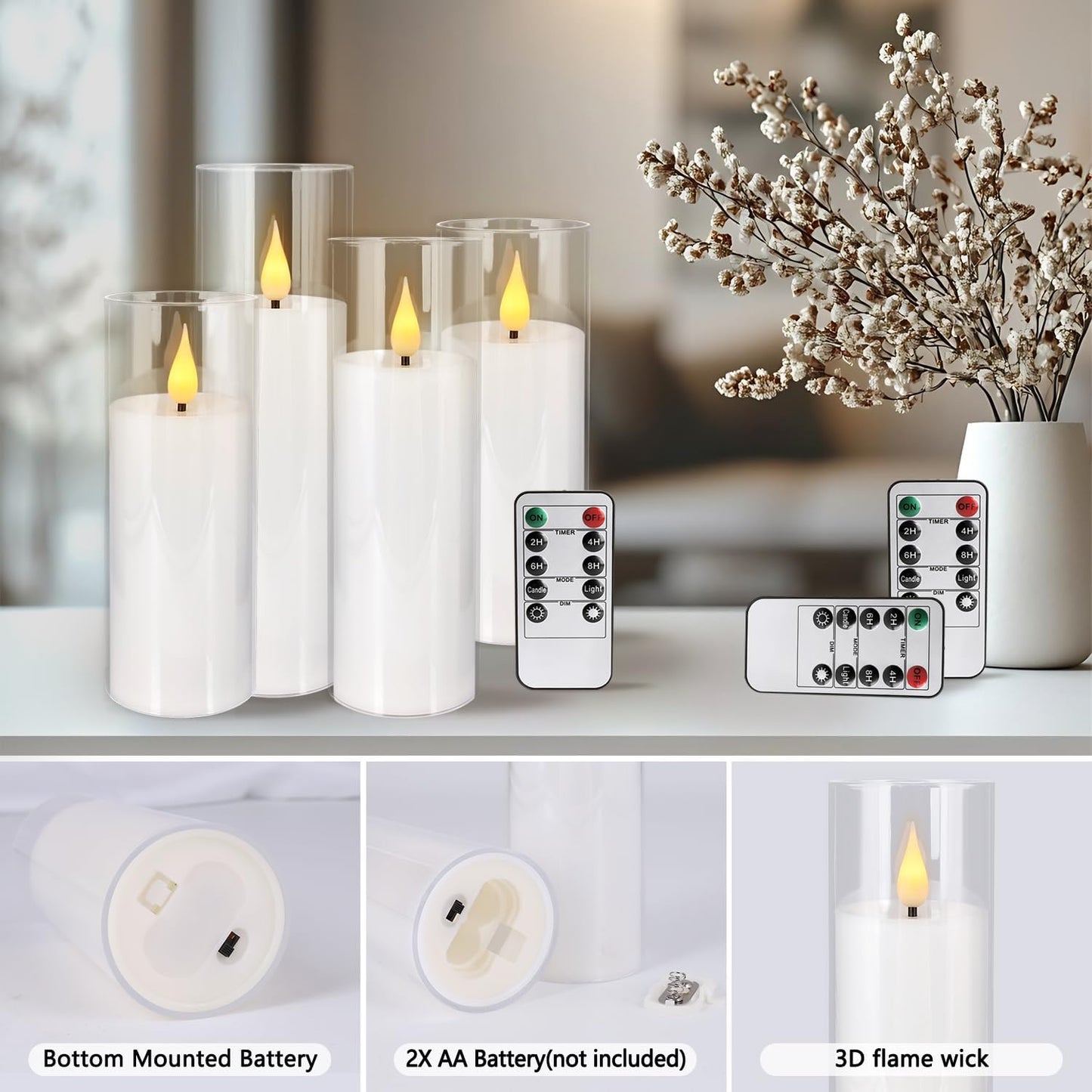 24 Pcs Acrylic LED Flameless Candles with 4 Remote,White,Flickering, Clear, Suitable for Wedding, Party, Home Decoration & Outdoor.