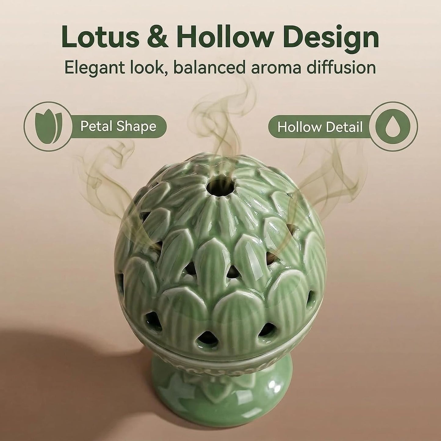 Mini Ceramic Incense Burner - Chinese Classic Plum Green Celadon Glaze, Fragrance Cone & Stick Holder Palo Santo/Sage/Herb Burner for Meditation, Yoga, Desk Decor, Zen Relaxation Gift (Lotus)