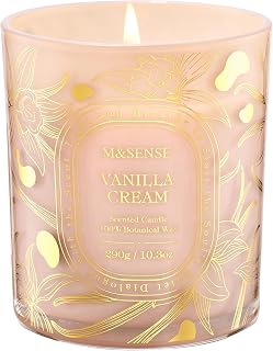 M&SENSE Vanilla Cream Scented Candle 10.3oz Golden Stamped | Non-Toxic Soy Wax, 55 Hours Burn Time, Clean Burn, Cozy Warm Relax Home Fragrance Housewarming Gift