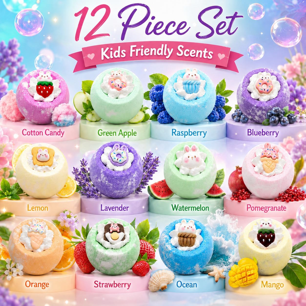 EvolutionUSA 12 Bloom Bath Bombs with Toys - Adorable Girl Bath Bomb Set, Bubbly Kids Bathbombs, Fizzy Bath Ball, Kids Bath Bombs for Girls, Childrens Bath Bomb Set Easter, Birthday, Christmas Gift
