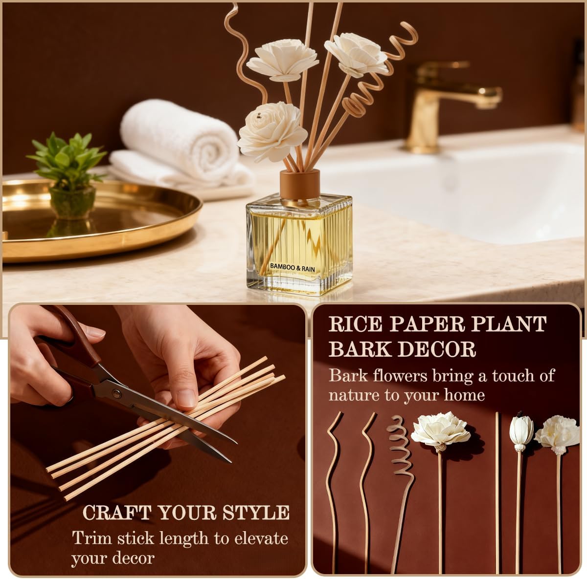 Jasmine & Sandalwood Reed Diffuser - 6.7 oz Glass Bottle with 4 Rattan Sticks, 3 Dried Flowers | Adjustable, Long-Lasting Scent for Home, Bedroom, Living Room, Office, Bathroom | Aromatherapy Gift