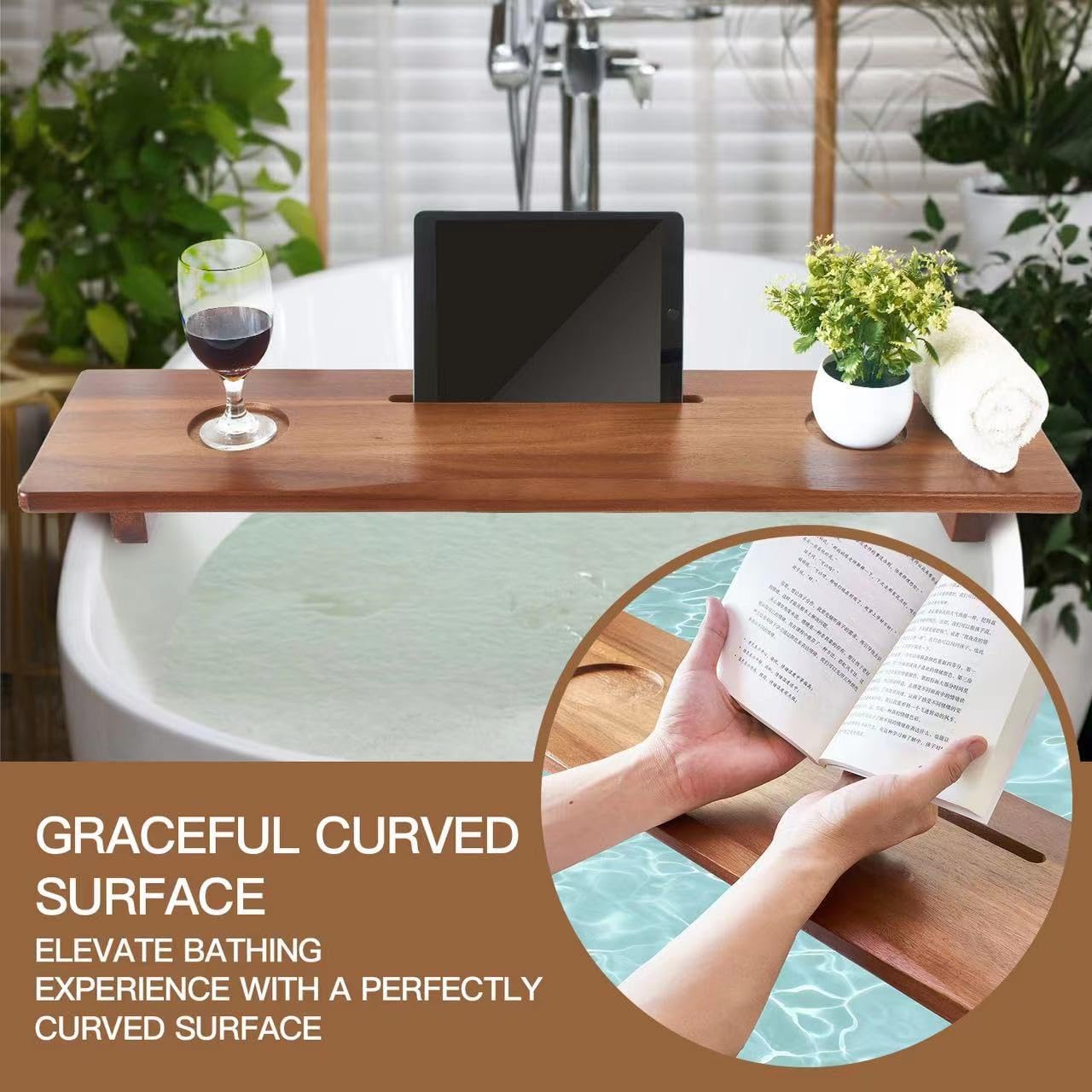 DAOYOUSKY Luxe Premium Acacia Wood Bathtub Tray Caddy with Adjustable Legs, 35x9 Inch Large Wooden Bath Tub Board, Anti-Tipping Bath Shelf Over Tub, Bathtub Accessories