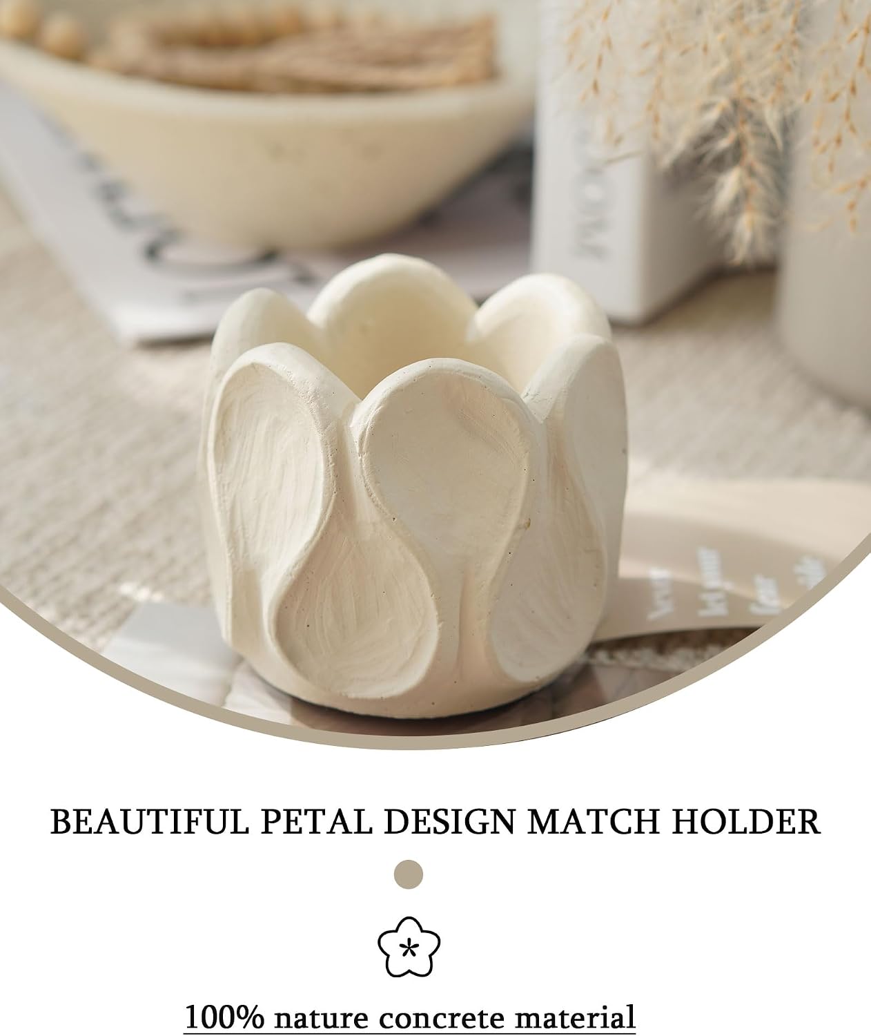 Concrete Matches Holder with Striker Large-Beautiful Flower Match in Jar-for Cute/Fancy/Long Candle Match,Refresh Any Modern Home Decor with Premium Jar-No Matches
