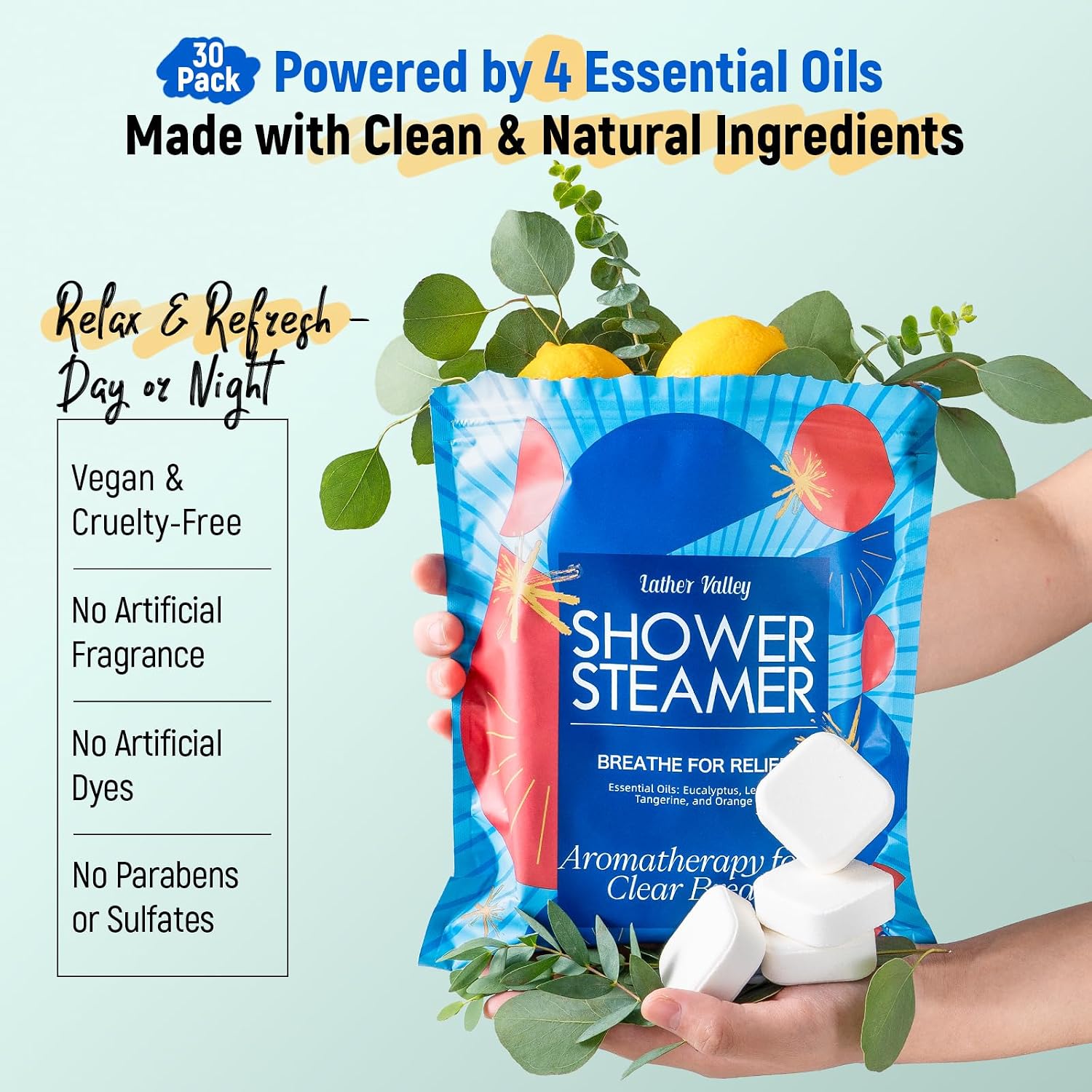 Shower Steamers Aromatherapy & Sport - 30 Pack, 100% Pure Essential Oils, Refreshing & Relaxing, Spa & Birthday Gifts for Women, Christmas Stocking Stuffers for Men, Self Care - Eucalyptus