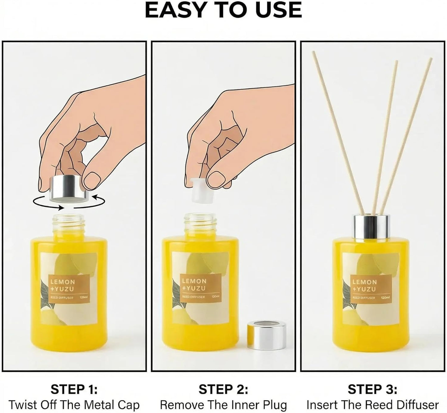 Fresh Lemon Scented Reed Diffuser Set – 4.06 fl.oz (120ml) with Sticks, Natural Essential Oil Aromatherapy for Home, Bedroom & Bathroom Decor, Housewarming Gift