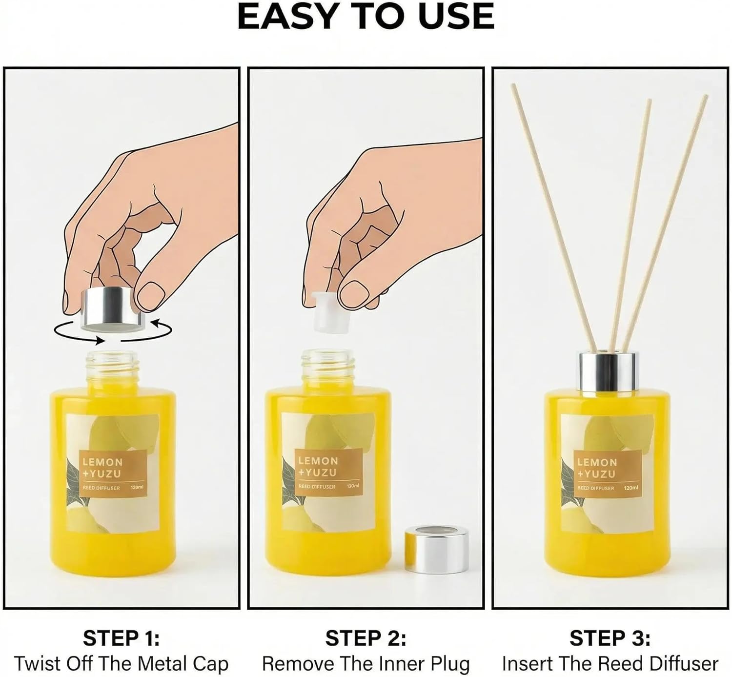 Fresh Lemon Scented Reed Diffuser Set – 4.06 fl.oz (120ml) with Sticks, Natural Essential Oil Aromatherapy for Home, Bedroom & Bathroom Decor, Housewarming Gift