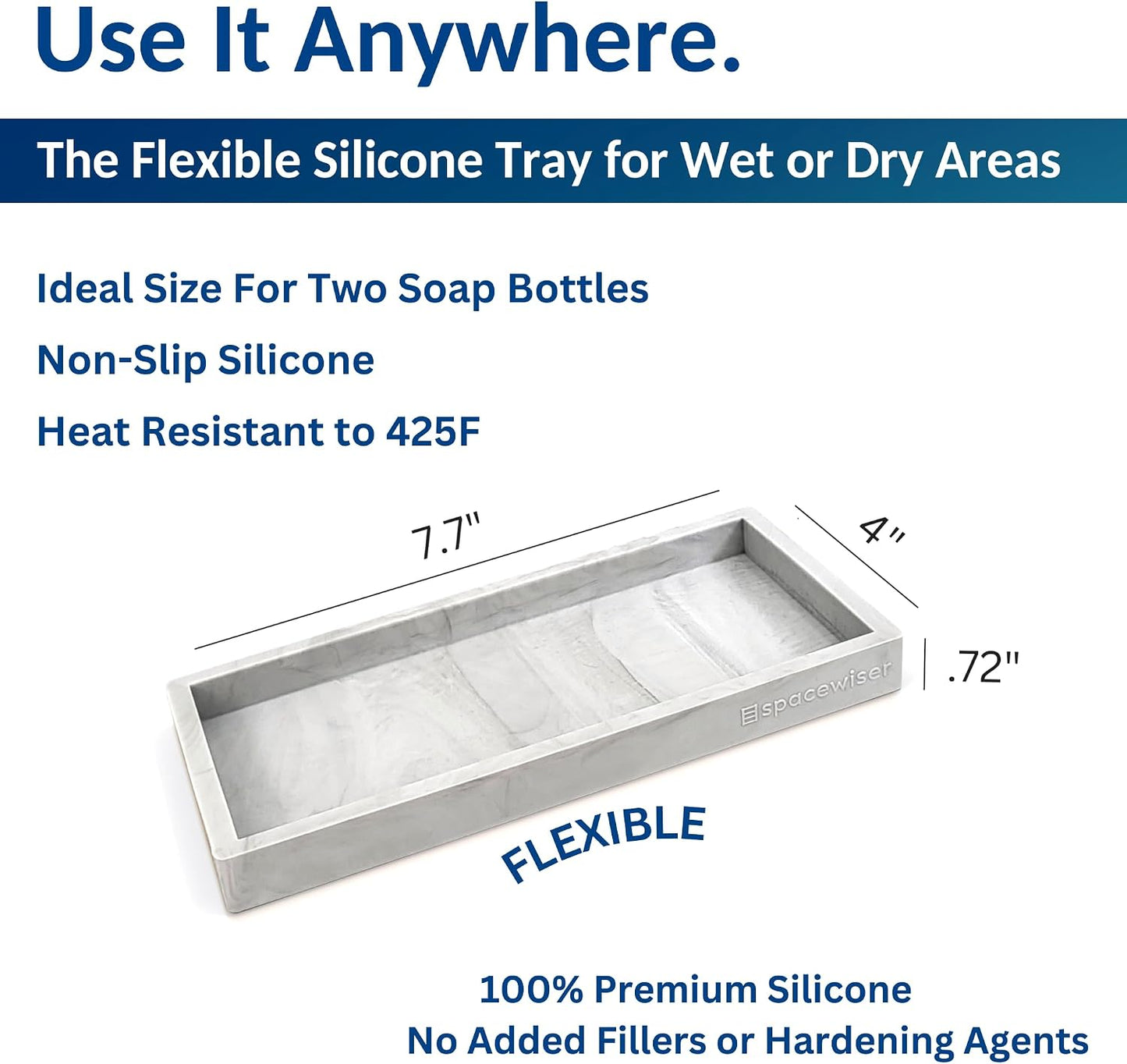 Spacewiser Countertop and Vanity Tray - Small 7.7” Silicone Tray for Soap Dispenser Bottles, Sponge Holder for Kitchen Sink Caddy Organizer, Bathroom Trays, Dish Soap Holder for Kitchen Counter, Keys