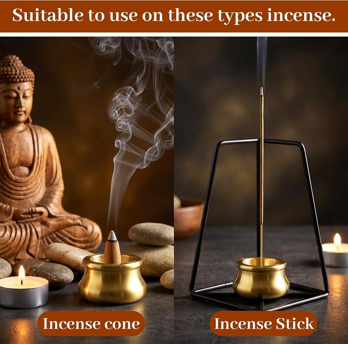 4Pcs Mini Copper Incense Cone Holder, Gold Burner with Stick Plate | 4Pcs mini copper incense cone holder set,gold,dual-purpose.Stable,non-tip,solid base.For cones,sticks,tower,coils,joss
